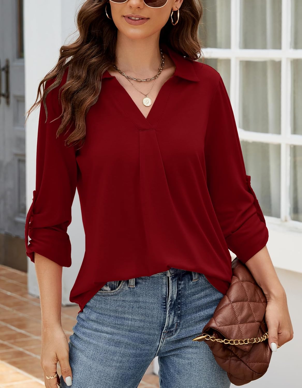 Thumbnail 2 de Odosalii Women's Casual V-Neck Tunic Blouse with Rolled-Up Sleeves