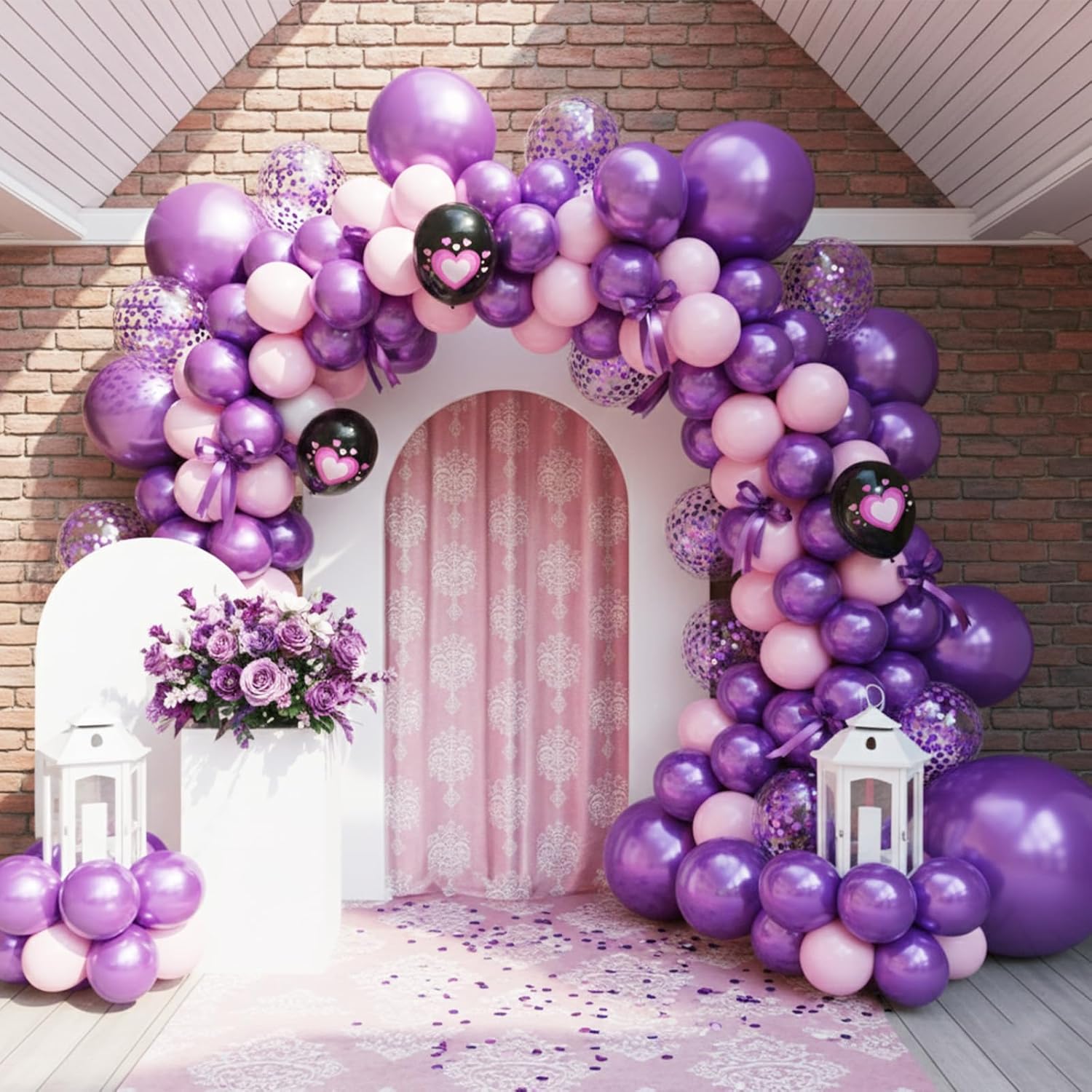 Detalle 2 de Pink Purple Black Balloons, 50PCS 12 Inch - Black Macaron Metallic Purple Pink Heart Printed for Princess Theme Party