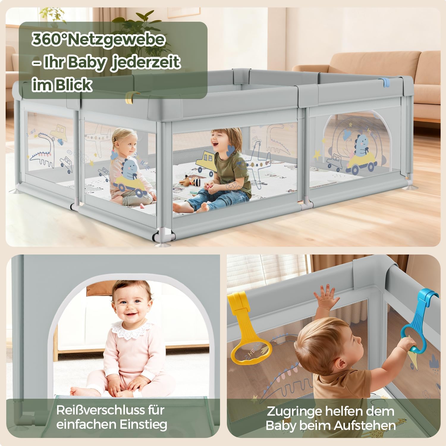 Thumbnail 4 de SOFTHOM Box Bambini 180x200 con tappeto, rete 360° e 60 palline – recinto per bimbi con laterali a zip