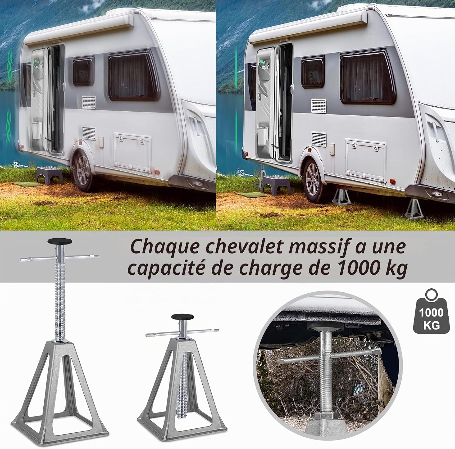 Detalle 2 de LZQ set van 4 verstelbare caravansteunen van aluminium en staal, 1000 kg per stuk