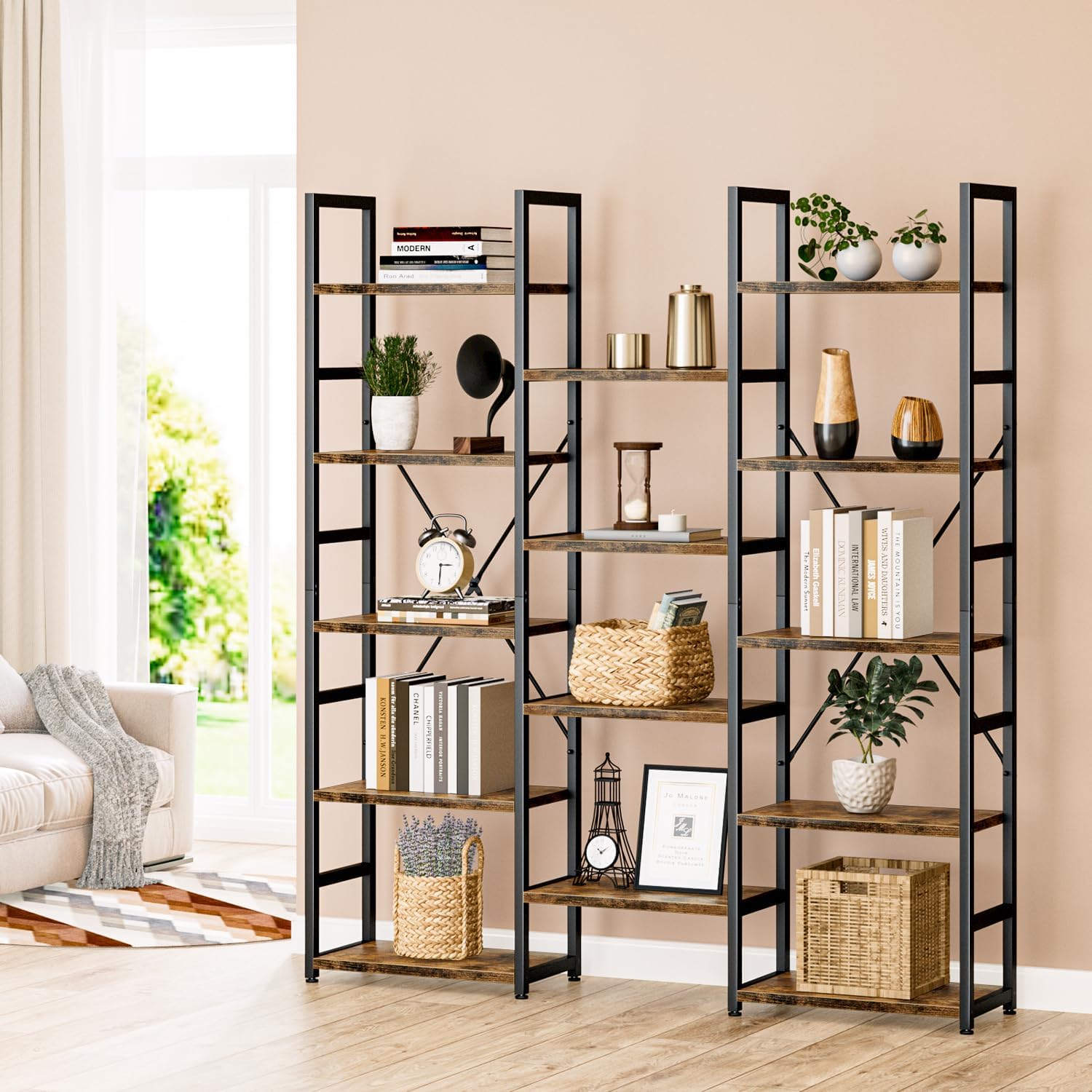 Detalle de NUMENN Triple Column 5 Tier Bookshelf: 14 Open Shelves, Adjustable Rustic Industrial Display