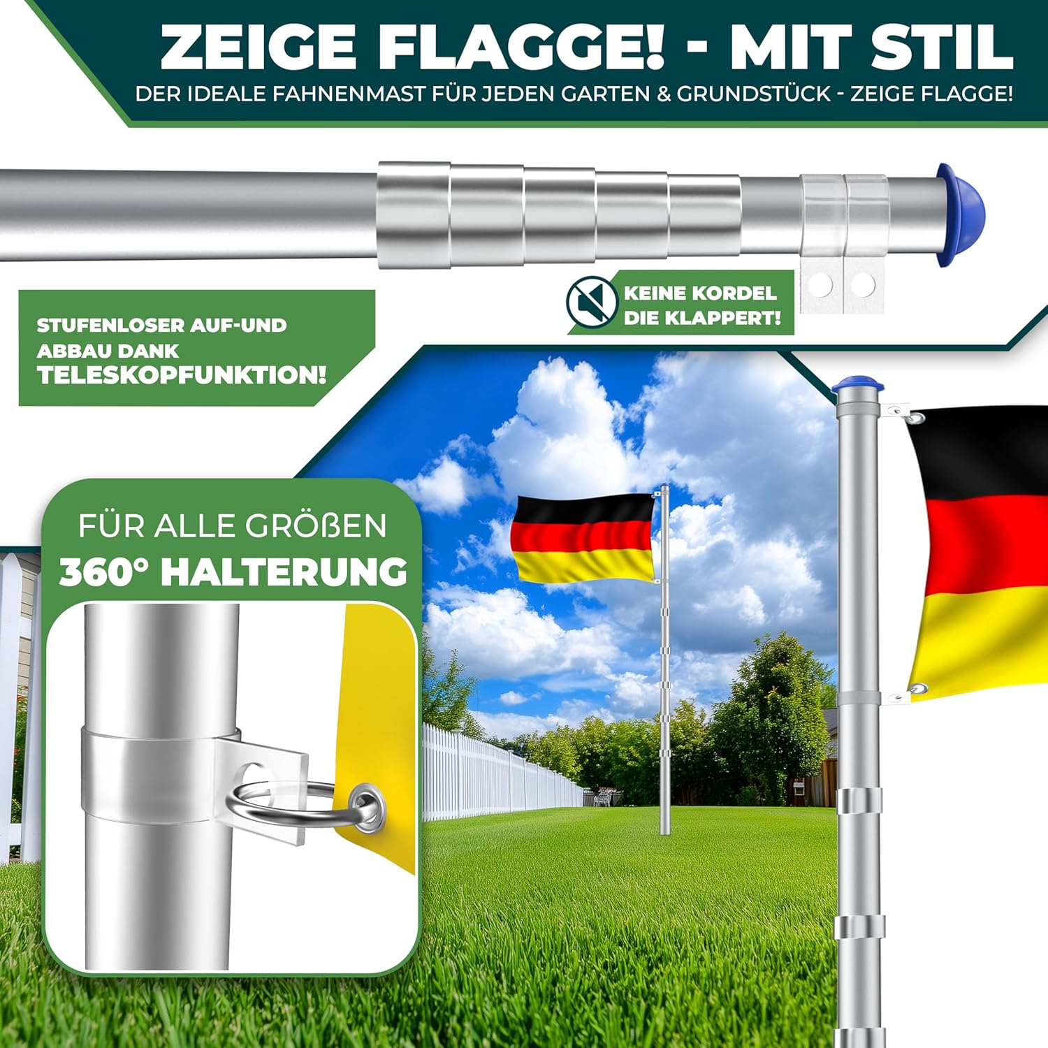 Detalle de KESSER® Teleskop Fahnenmast aus Aluminium, 6,30 m inkl. Bodenhülse (60 cm) & Deutschlandflagge, höhenverstellbar