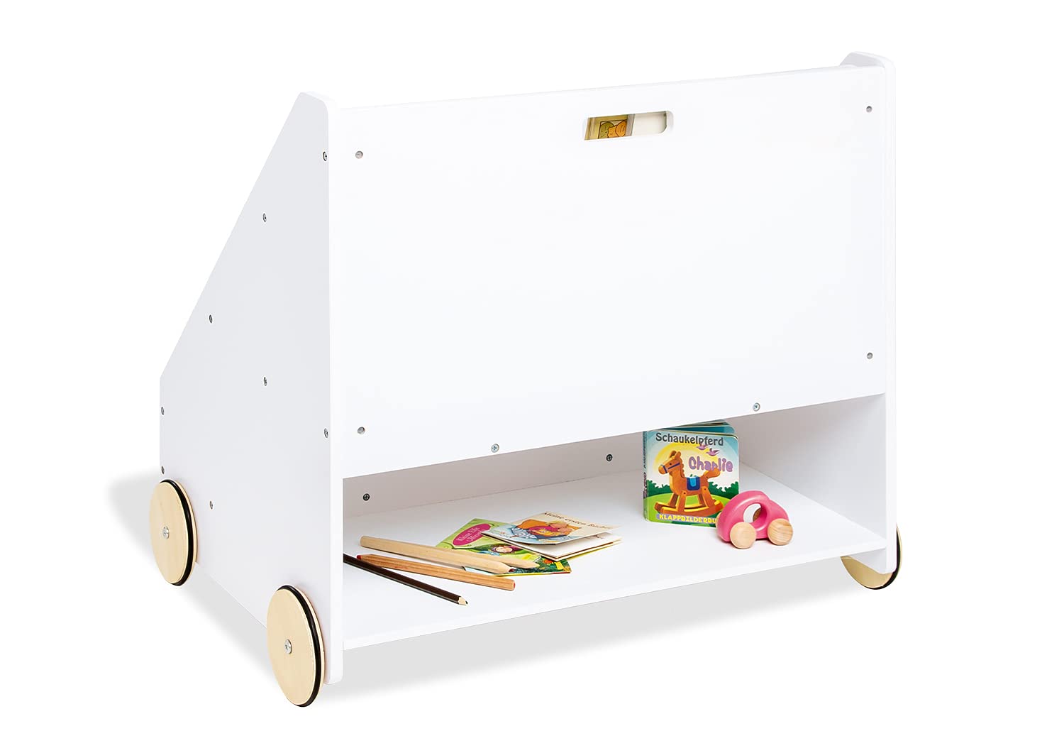Detalle 1 de PINOLINO Regal Lasse – Bücherregal für Kinder, 3 Fächer, weiß, mit Geheimfach und gummierten Holzrädern