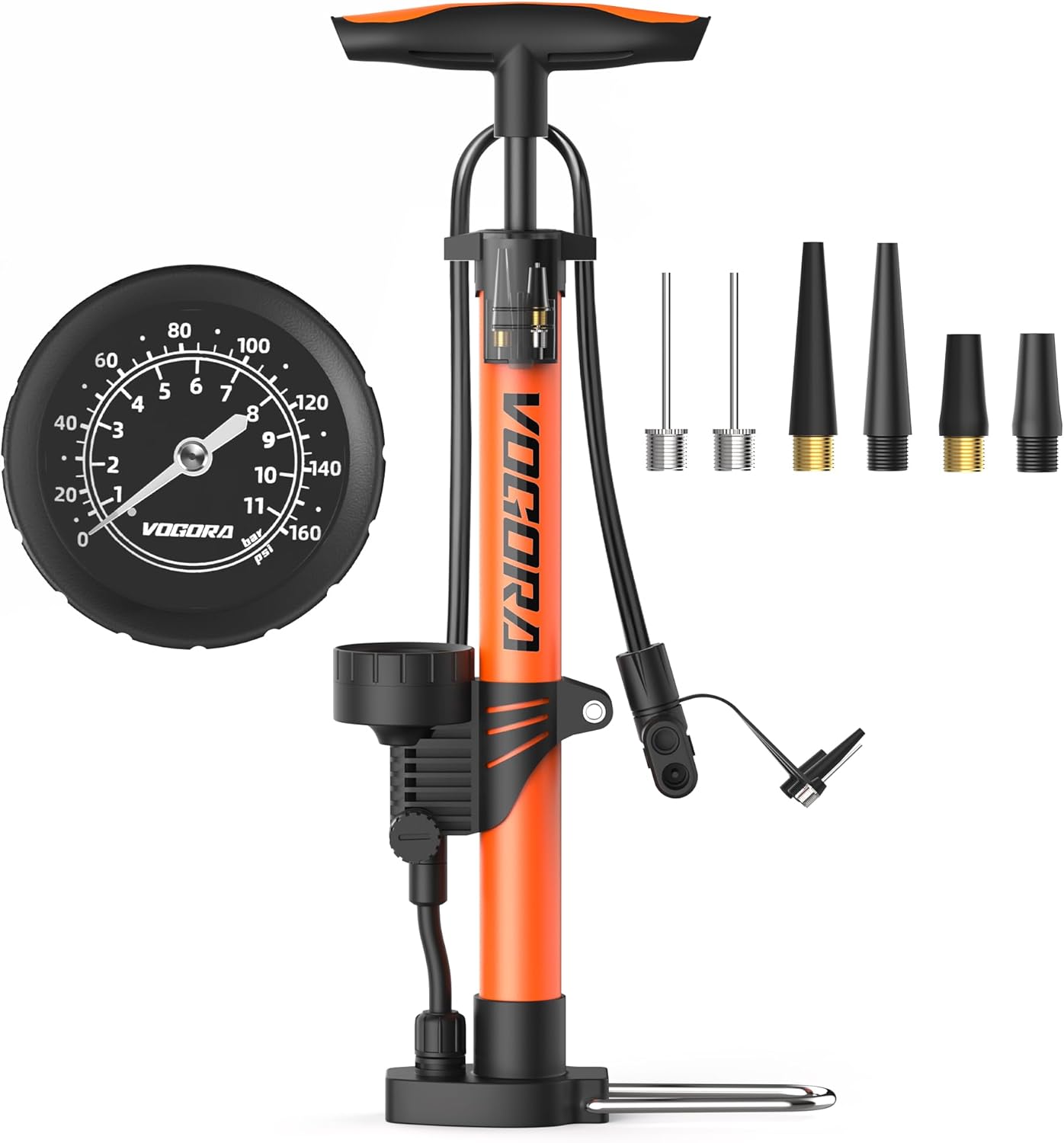 Thumbnail 6 de VOGORA Standpumpe mit Manometer für Fahrrad und Bälle – für französische Ventile (Presta) & weitere Typen, inkl. Nadel