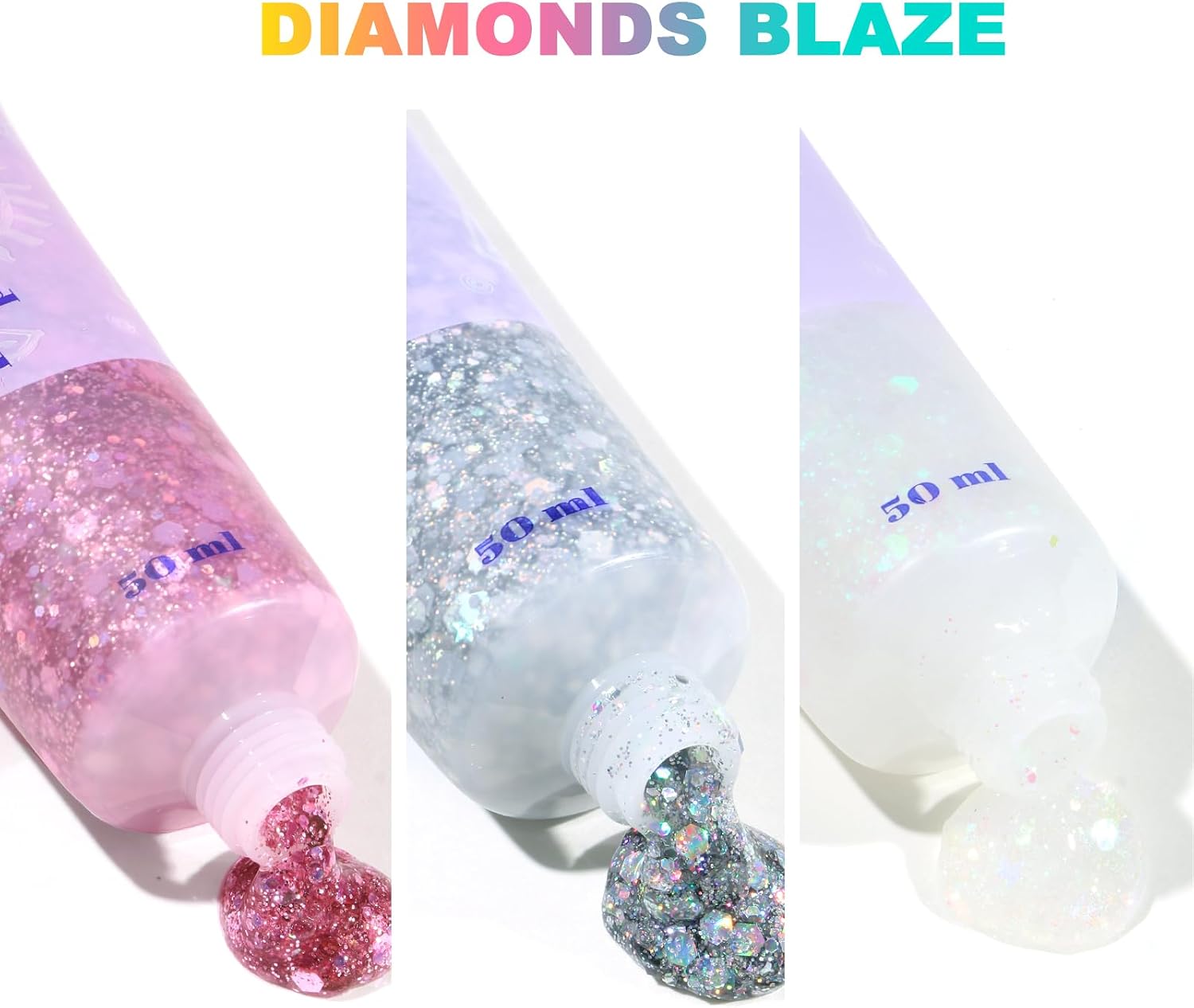 Detalle de URAQT Glitter Corpo, 3 gel glitterati da 50 ml (Argento+Rosa+Bianco) per viso, unghie, occhi, labbra, capelli e corpo