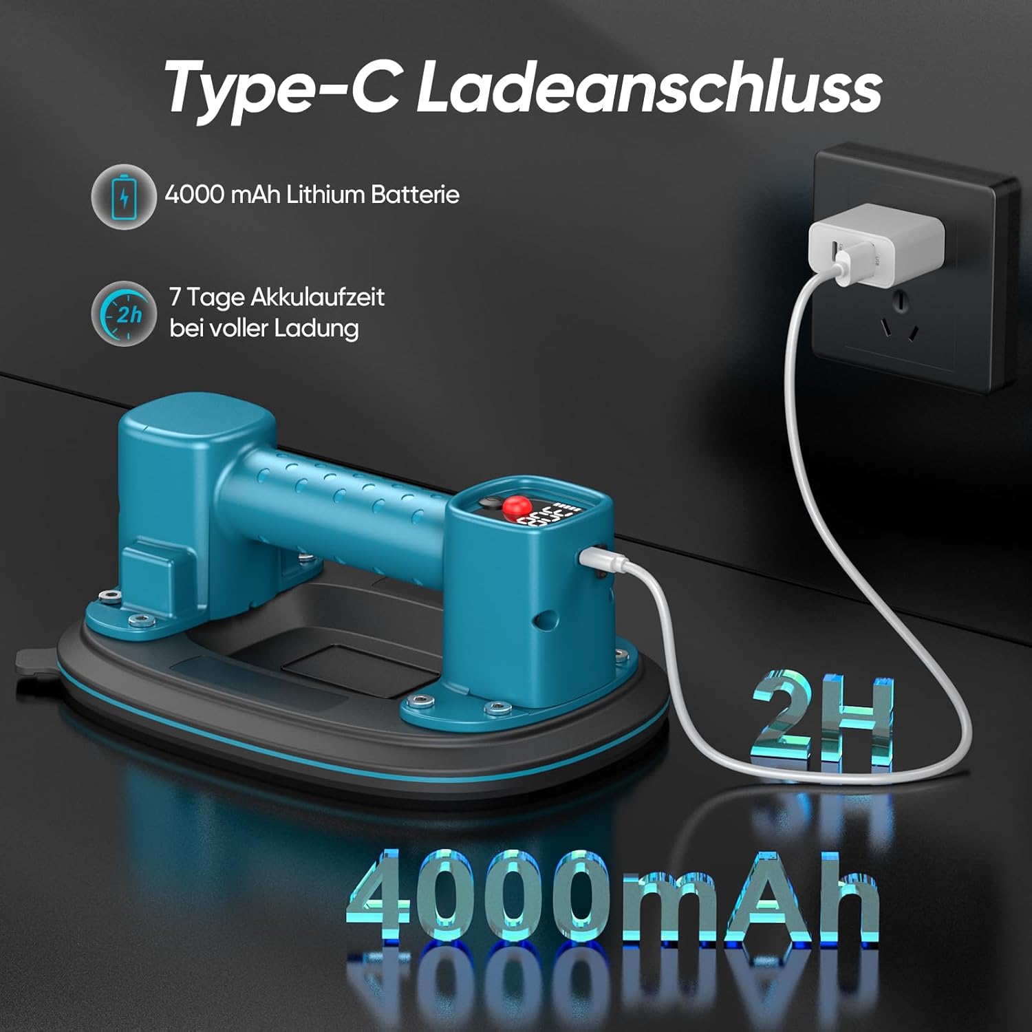 Detalle de Akku Saugheber mit 300-kg-Tragkraft, LCD-Anzeige & 4.000-mAh-Akku (2er-Set, 10" Saugnäpfe)