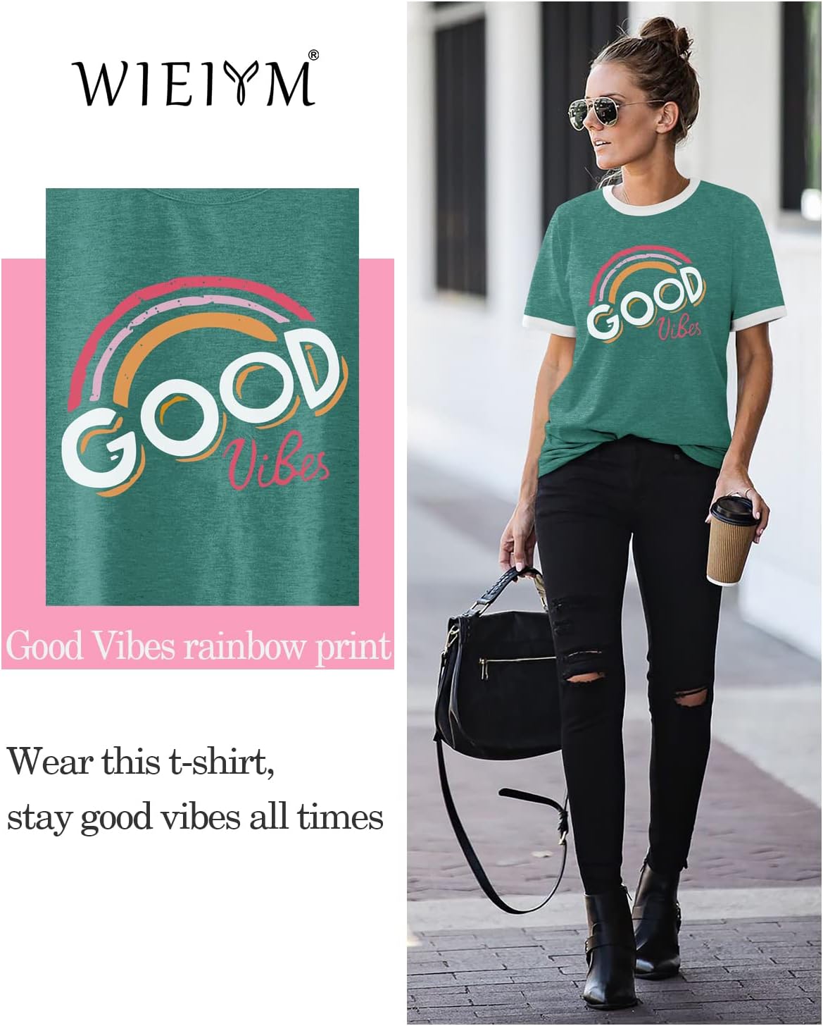 Thumbnail 2 de WIEIYM Damen-T-Shirt Rundhals Kurzarm | Good Vibes Rainbow— casual Sommerlook