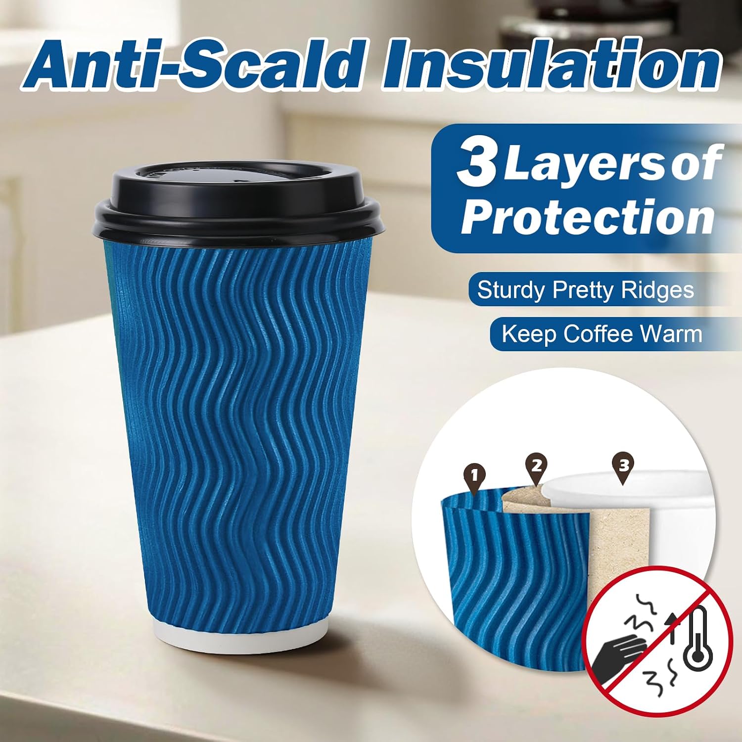 Detalle 2 de Huifany 16 oz Disposable Coffee Cups with Lids (50 Pack) – Navy, Insulated, Leak-Proof To-Go Cups