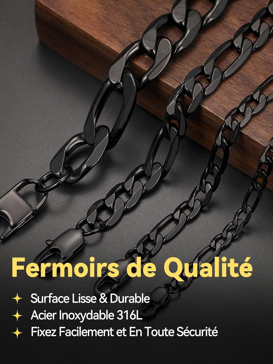 Detalle 2 de Bracelet gourmette Homme en acier inoxydable ChainsHouse — Figaro, 19/21 cm, 6/9 mm, argenté, plaqué or ou noir