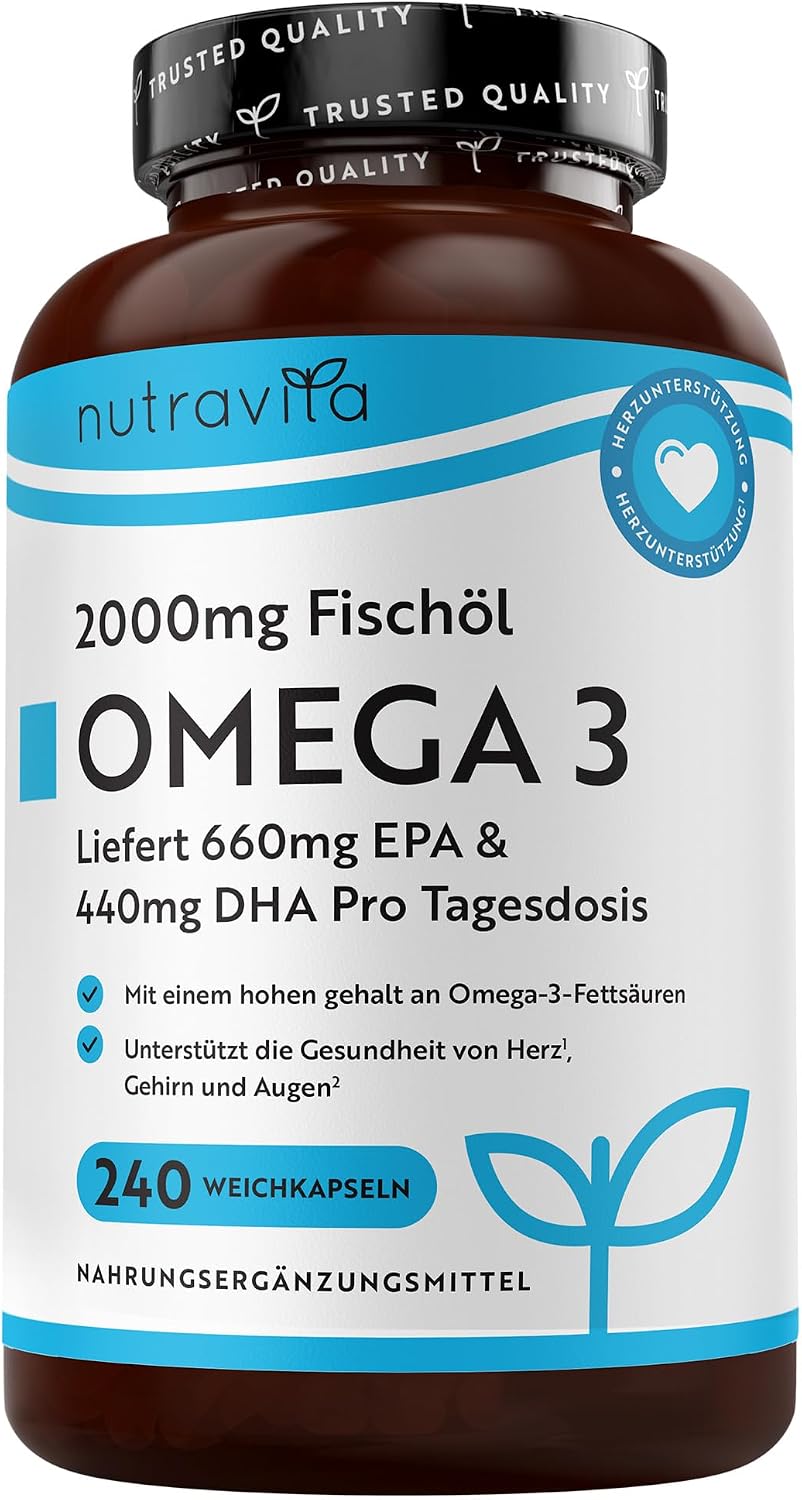 Detalle de Nutravita Omega 3 Hochdosiert 2000 mg Fischöl Kapseln – 240 Weichkapseln, EFSA-bestätigte EPA & DHA