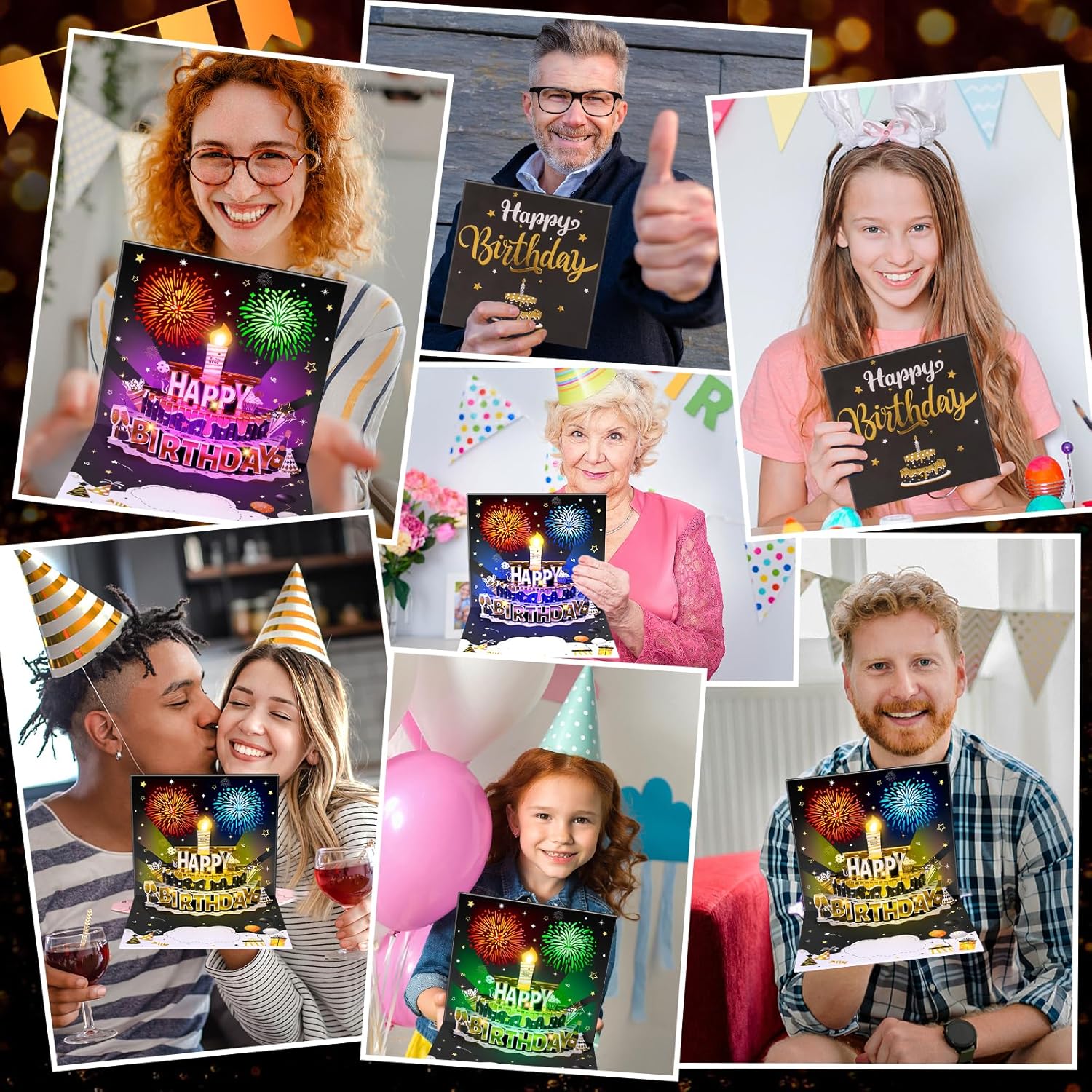Detalle 2 de Birthday Cards Pop-up MUSIC & LIGHTS & Blowable Candle (Black & Gold) – Pop-up birthday greeting with DIY numbers