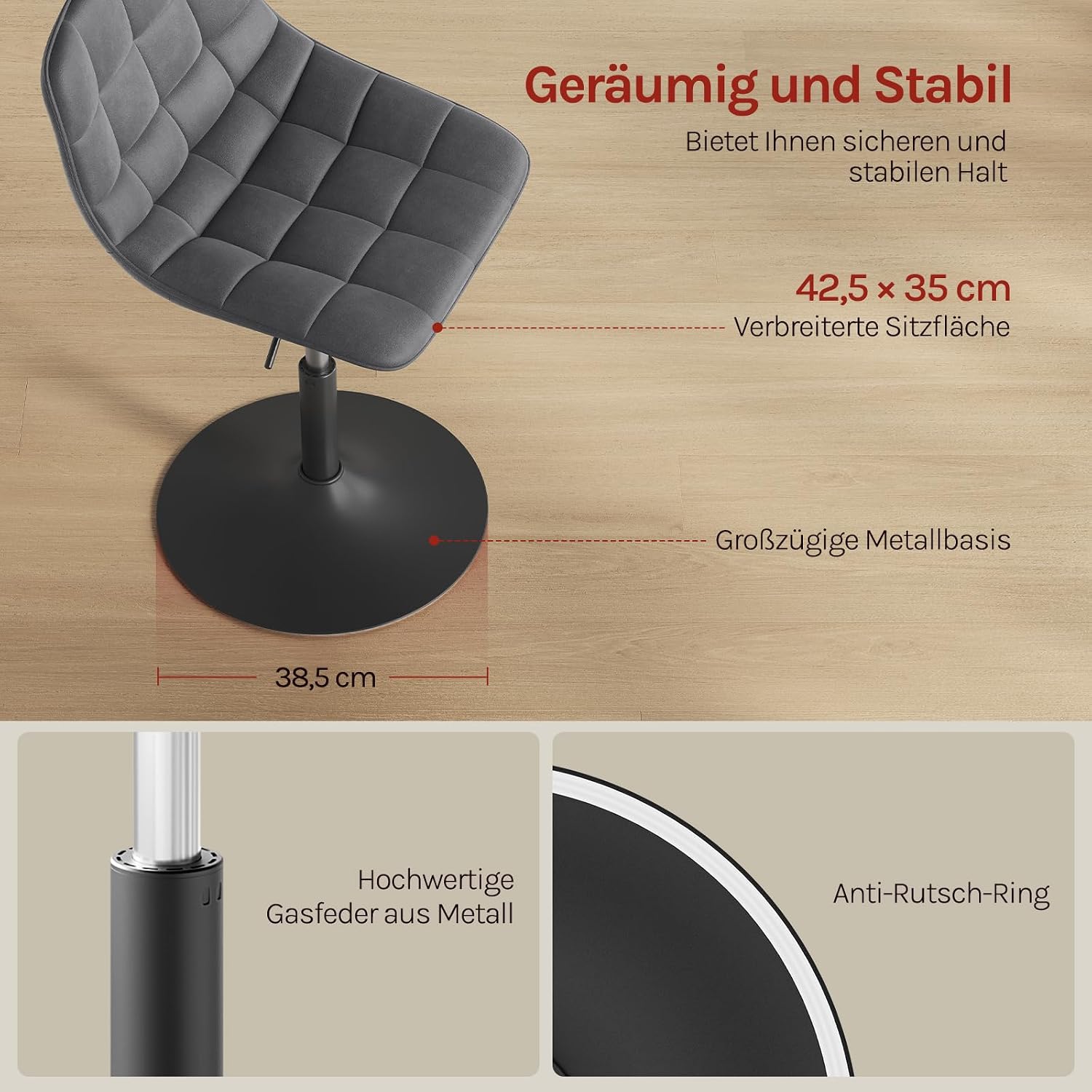 Detalle de WOLTU Schminktisch Stuhl / Hocker mit Rückenlehne – höhenverstellbar, 360° drehbar, Samt, dunkelgrau