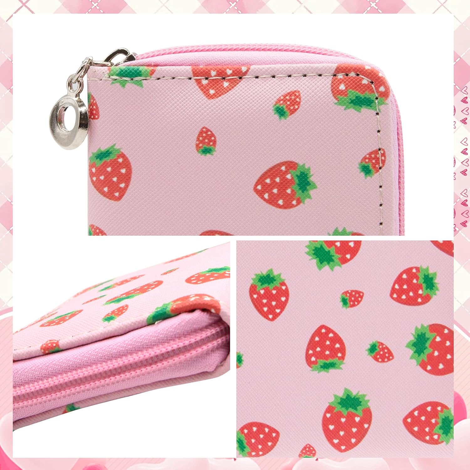 Detalle de LJCZKA Credit Card Holder with Zipper - Strawberry Cute Leather Wallet for Women (Pink)