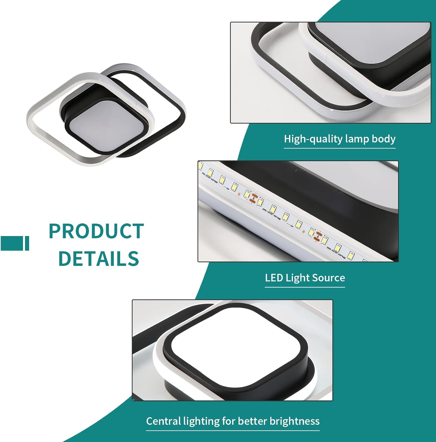Detalle de Dorlink 2-Square Flush Mount LED Ceiling Light (32W, 2500LM, 6500K, Black & White)