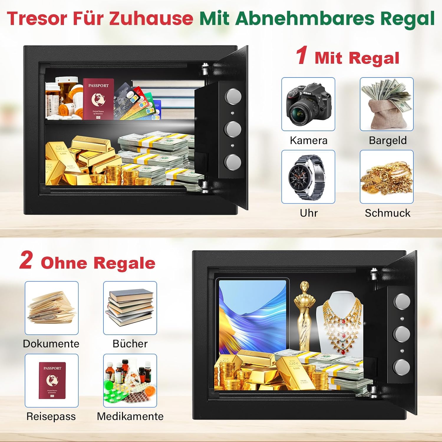 Detalle de Tiskgg Fingerabdruck Tresor für Zuhause (22L) mit feuerfester Tasche, Regal und dualem Alarmmodus