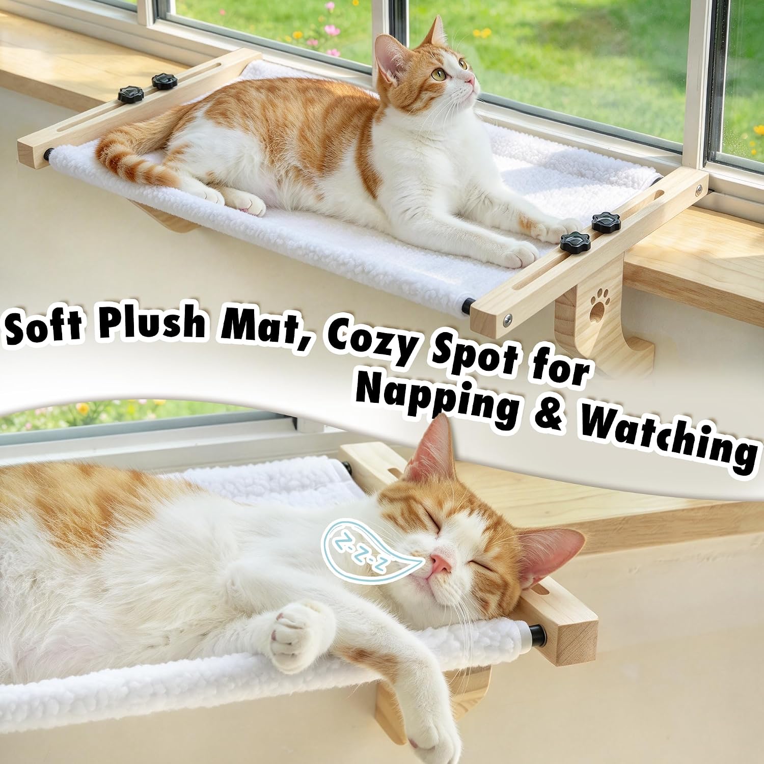 Detalle de AMOSIJOY SP110 Cat Windowsill Perch with Wood and Metal Frame, Washable Cover