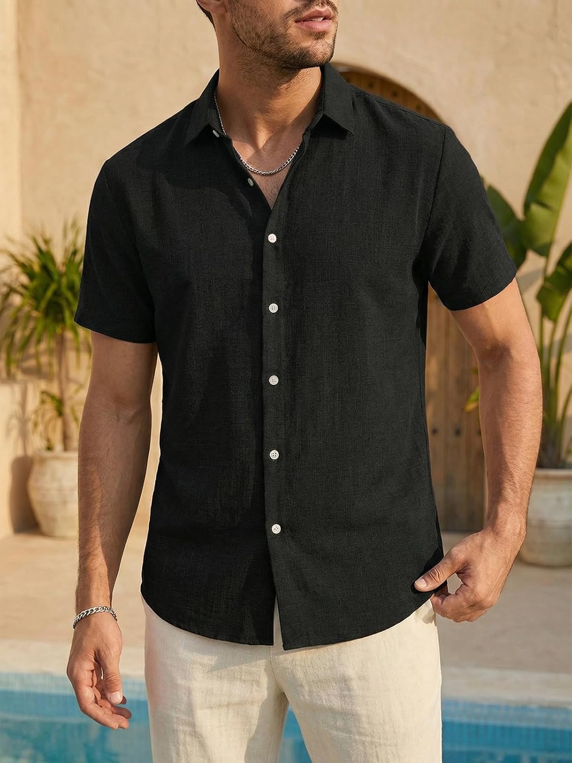 Detalle de Runcati Herren Hemd Kurzarm Leinenhemd – Regular Fit, Sommerleicht & Vielseitig
