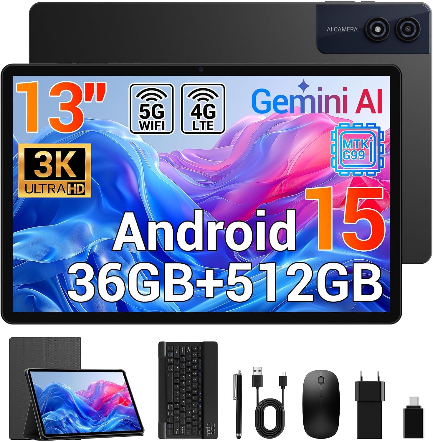 Detalle de LORDWIT 13 Zoll Tablet mit Tastatur-Set: 3K UHD Display, 36 GB RAM, Helio G99, Android 15