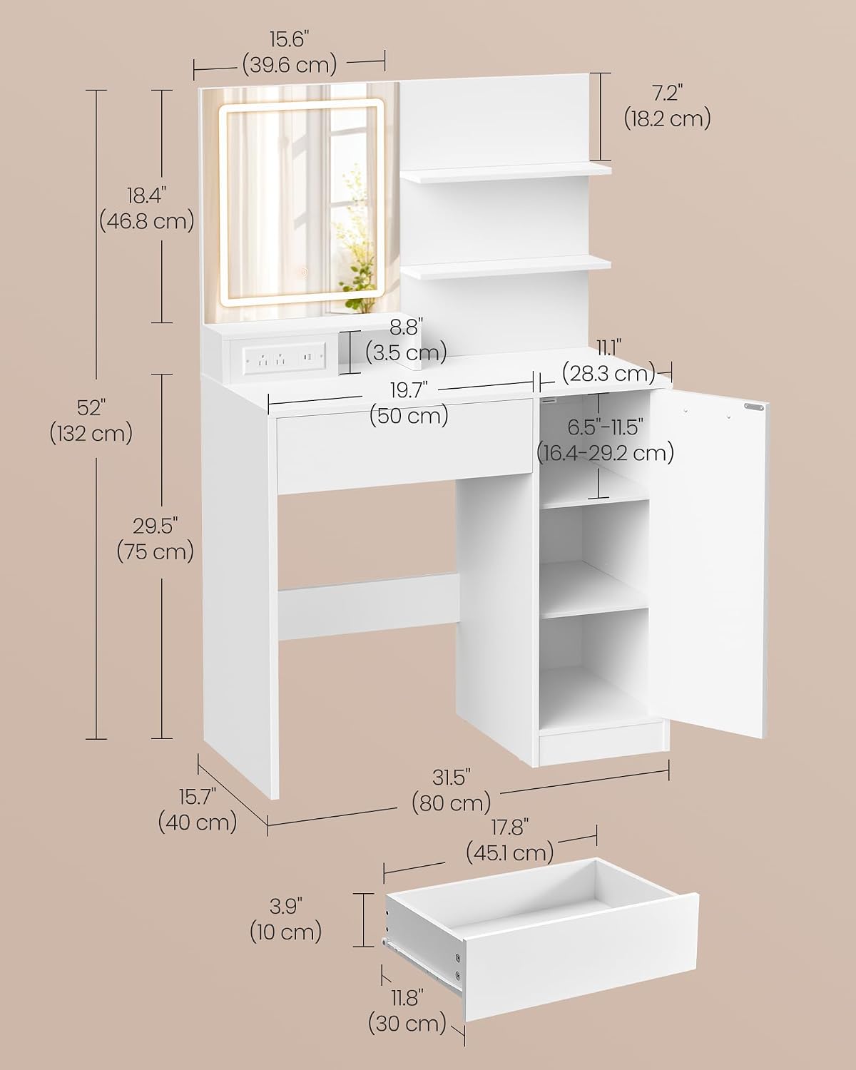 Detalle de VASAGLE KAILYN URDT138W02 Vanity Desk with LED Mirror and Power Outlet