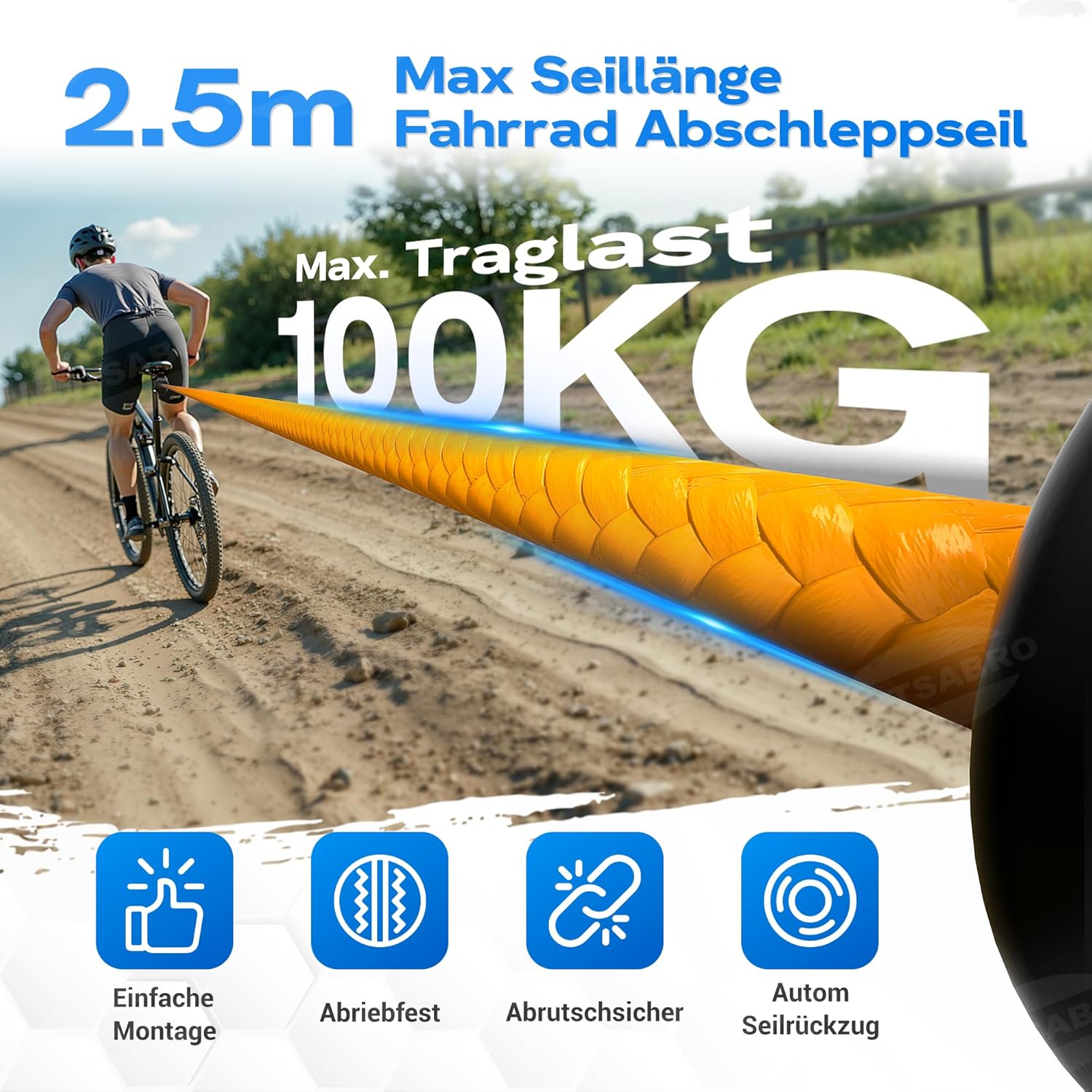 Detalle de WATSABRO Fahrrad Abschleppseil für Kinder (2,5 m) – reißfestes Nylon, 100 kg Traglast