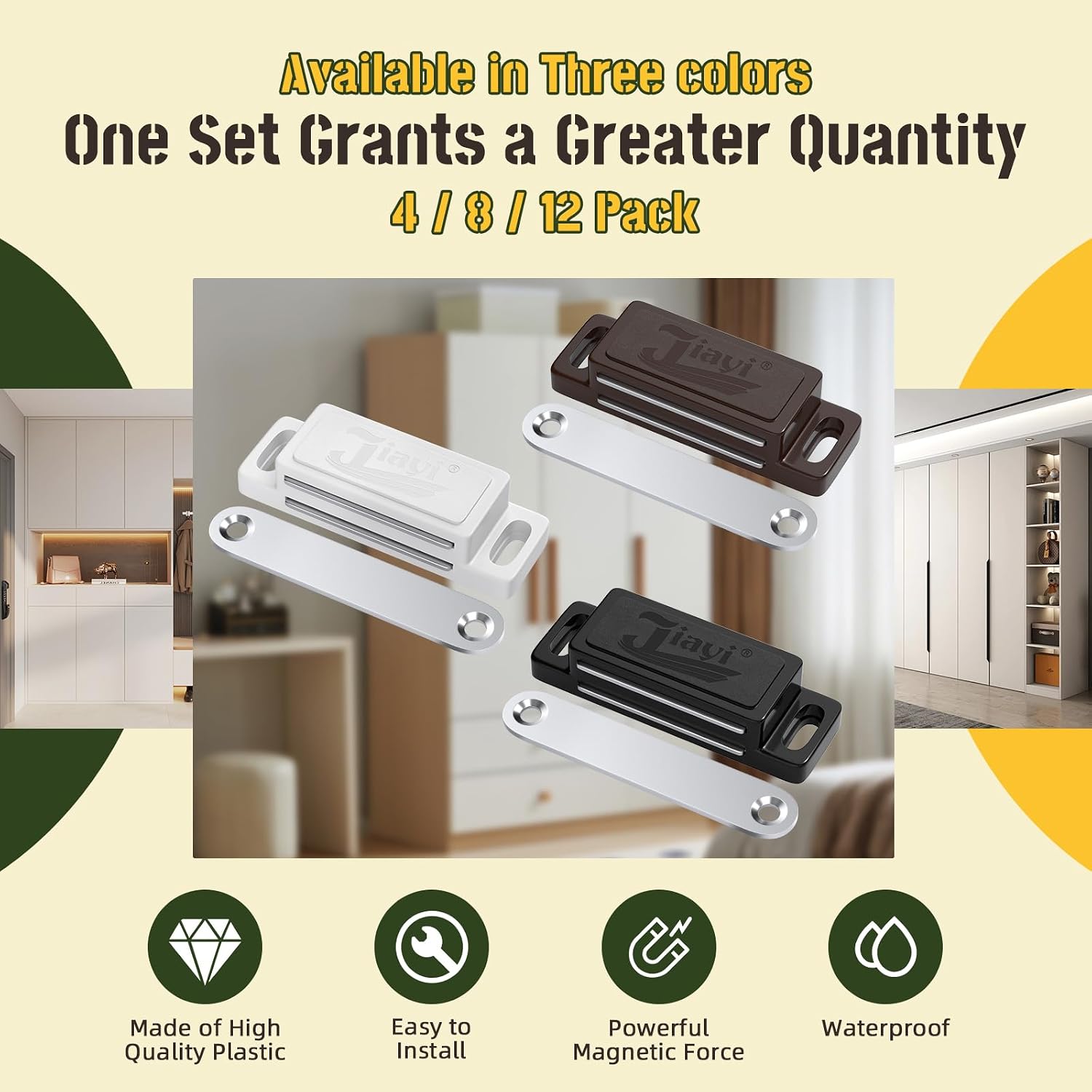 Thumbnail 3 de Jiayi 4 Pack Plastic Magnetic Cabinet Door Catches – Self-Adhesive Brown