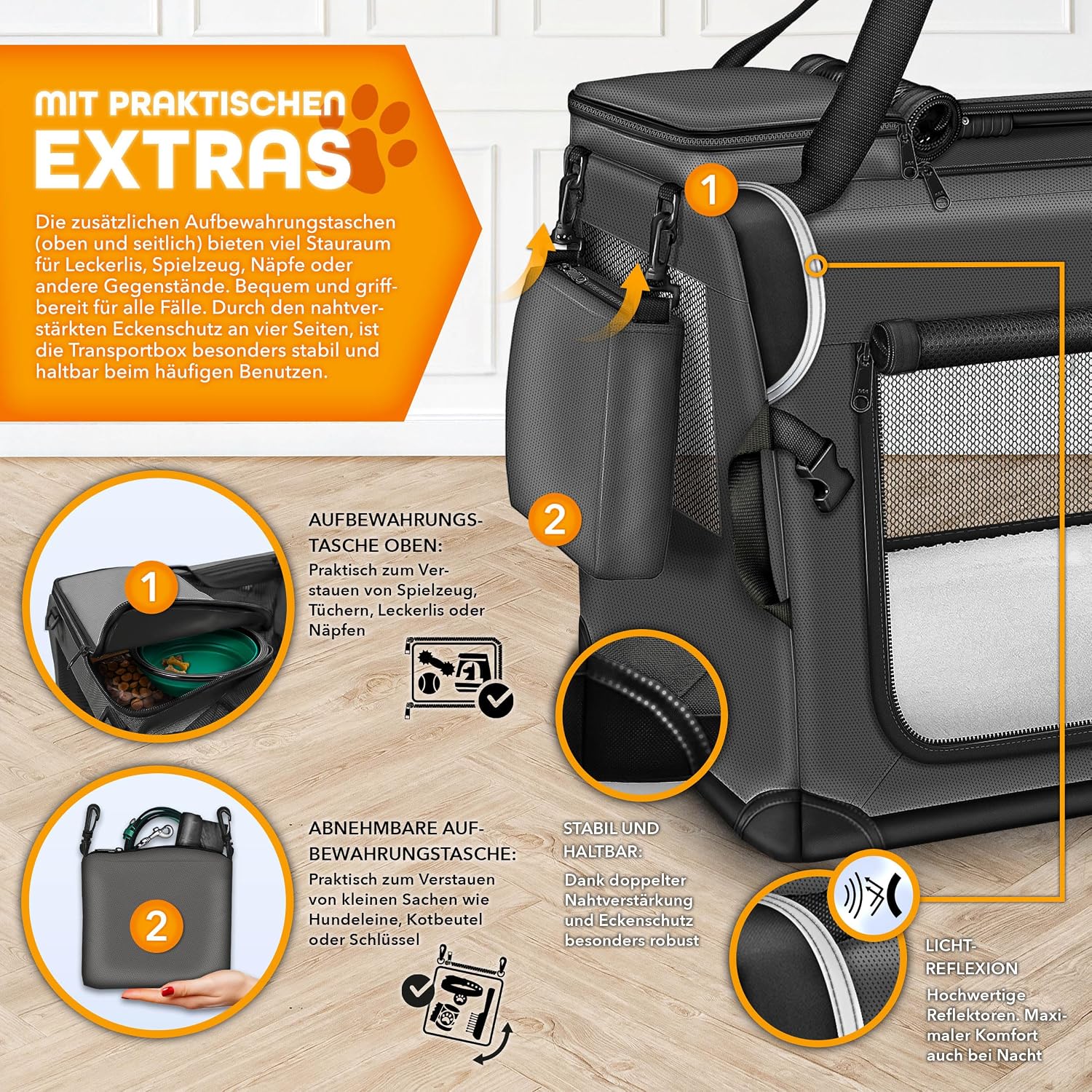Detalle de TRESKO® faltbare Hundebox XXXL 102x69x69 cm mit Leckmatte, Spatel & Reflektoren