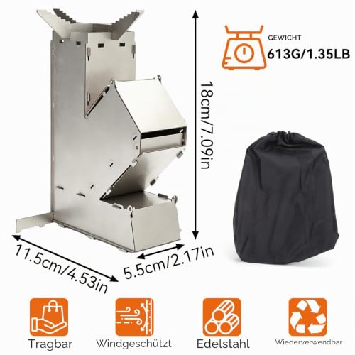 Detalle de Tomedny Camping-Raketenofen: Tragbarer Edelstahl-Holzofen mit abnehmbarem Grill und Lagertasche