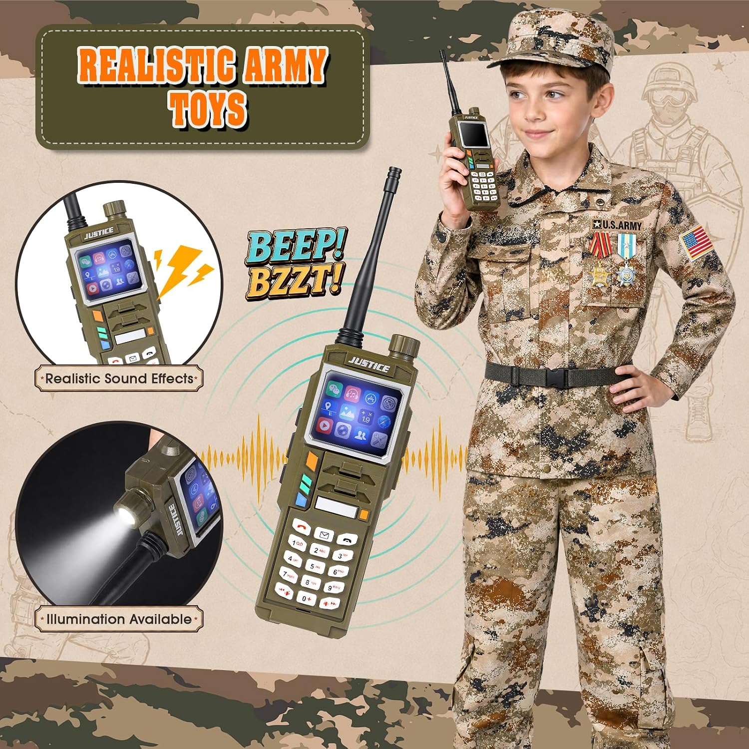 Thumbnail 2 de Metemot 10-Piece Kids Army Costume with Sound-and-Light Toys, Khaki Camo