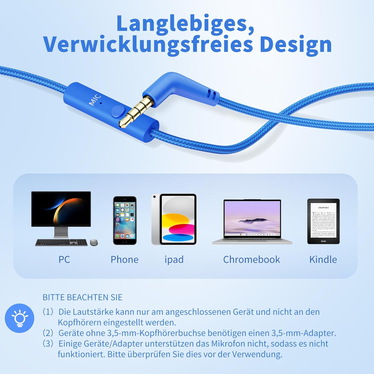 Detalle de Kopfhörer mit Kabel und Mikrofon, Over-Ear, 3,5 mm – faltbar, 1,5 m Nylonkabel, kompatibel mit Tablet/Laptop/MP3/MP4