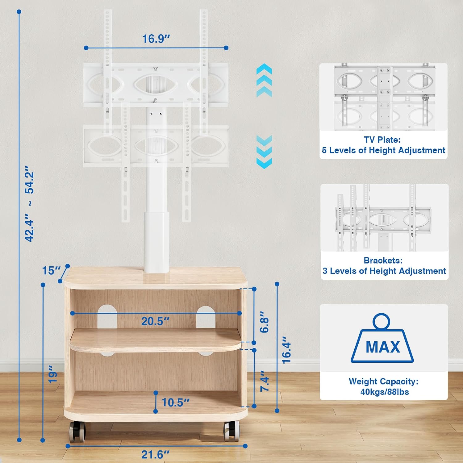 Thumbnail 2 de 5Rcom White Mobile TV Stand for 32–65 inch TVs with Wheels – Swivel, Adjustable Height and Ample Storage