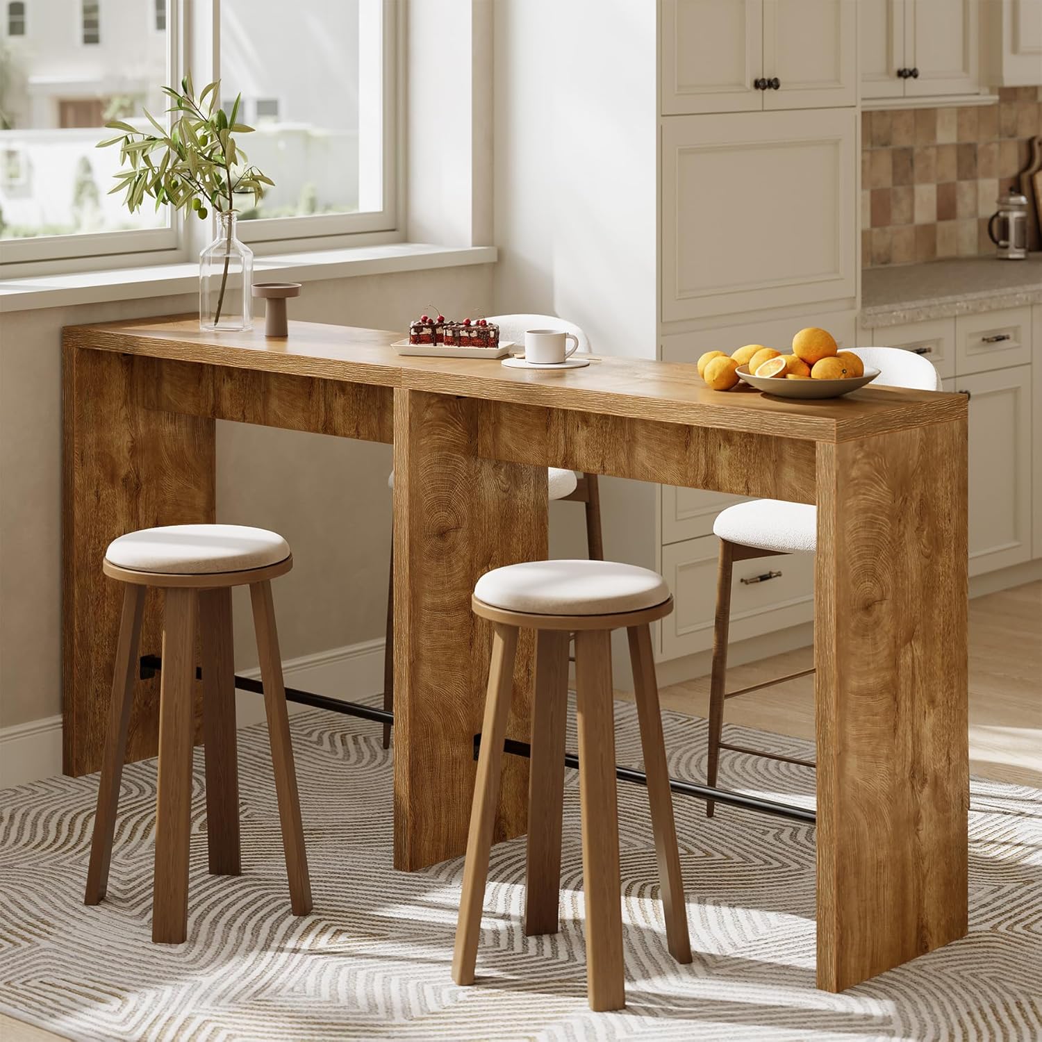 Detalle de LITTLE TREE 78.74" Narrow Bar Table with Iron Footrest, Wood-Colour Top
