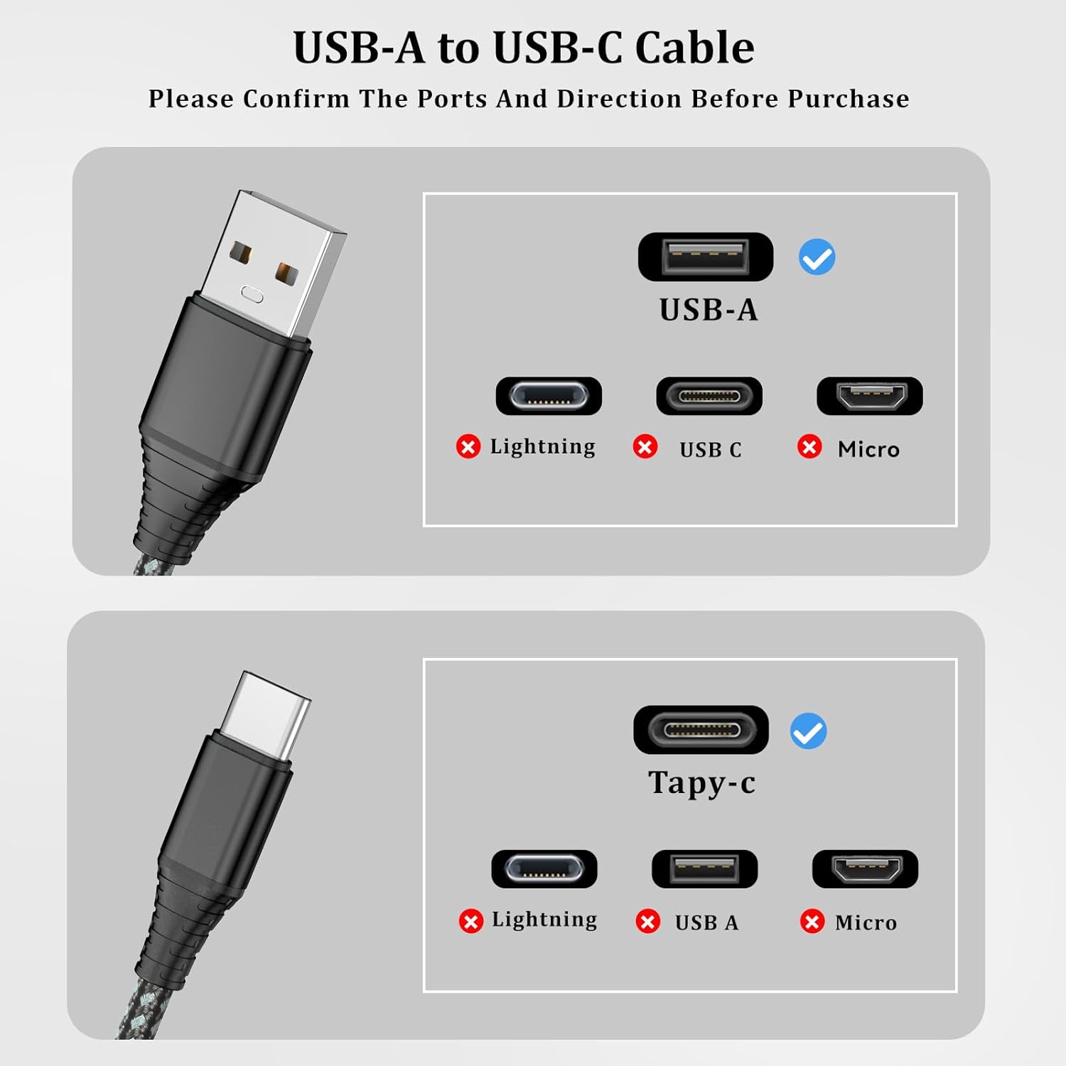 Thumbnail 1 de USB A to USB C Cable Fast Charging, 2-Pack, 3m Nylon-Braided, 3A Rapid Charging
