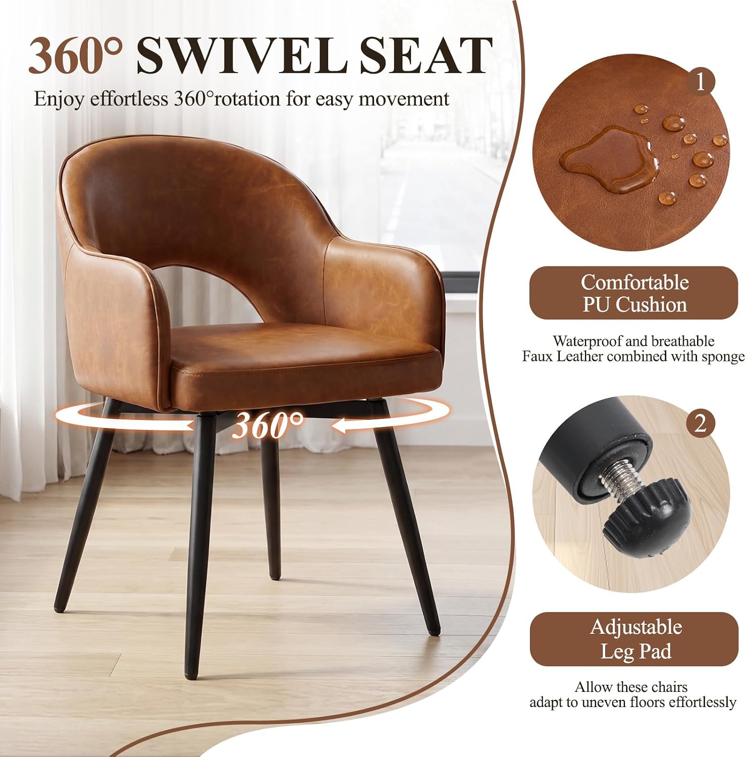 Thumbnail 3 de Chairus Set di 4 Sedie da Pranzo in Ecopelle con Sedia Girevole Imbottita – Marrone