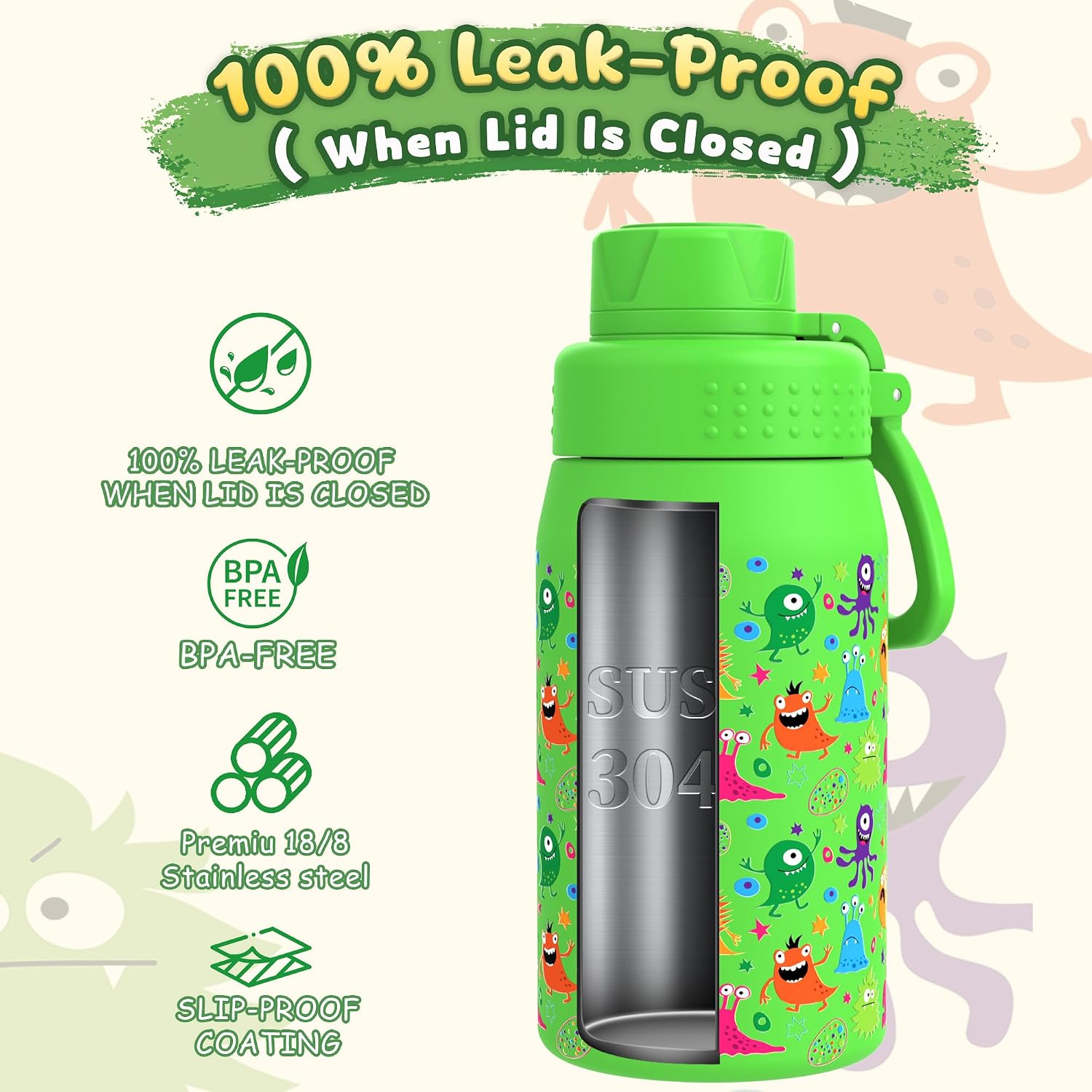 Detalle de GOPPUS 420ml Kids Insulated Water Bottle with Screw Lid (No Straw) – Green Monster