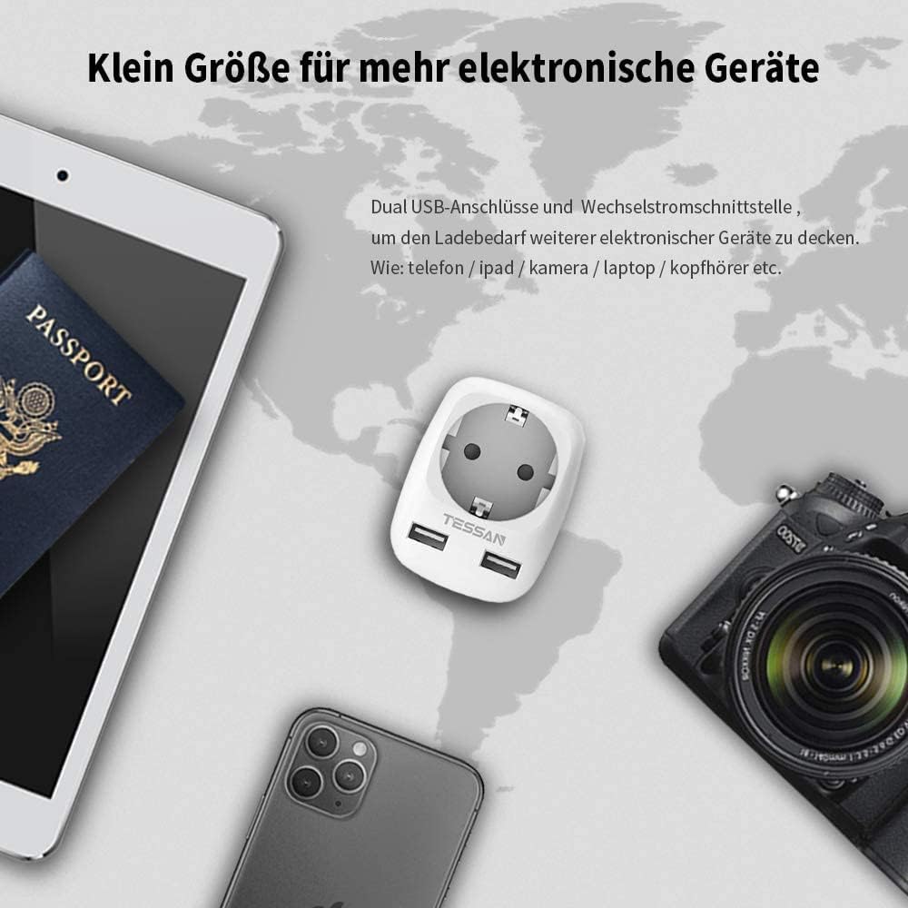 Detalle de TESSAN 2er-Reiseadapter für Australien/Neuseeland (Typ I) mit 2× USB – Steckdosenadapter für unterwegs