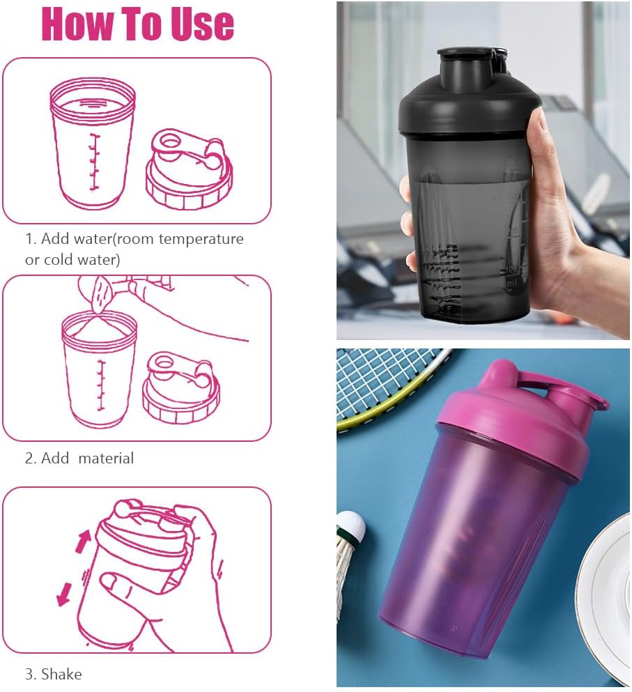 Thumbnail 1 de ACWOO 500ml Protein Shaker Bottle (2 pack) with Stainless Steel Mixing Ball – Leak Proof Flip Lid, BPA Free, Black + Purple