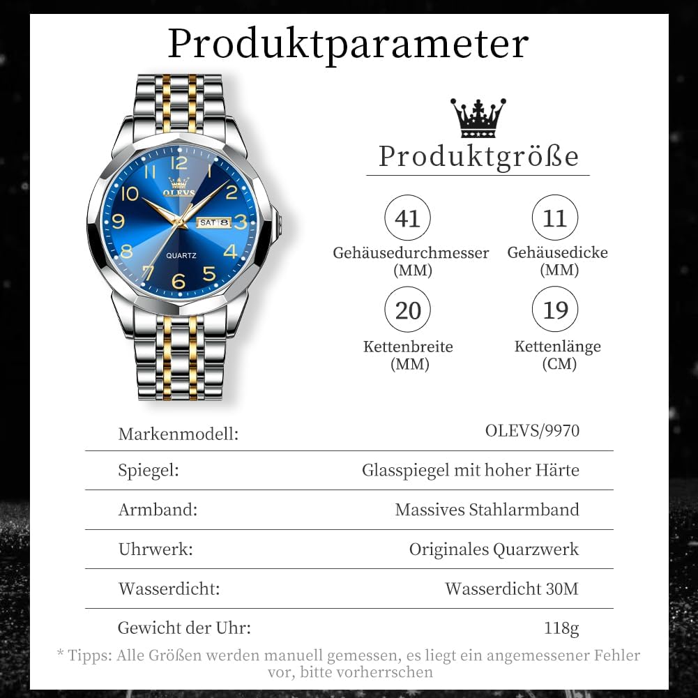 Thumbnail 5 de OLEVS Herrenuhr Business Quarz – Edelstahl, Leuchtend, Datum