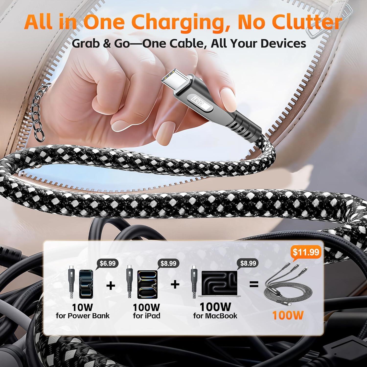 Thumbnail 5 de Amuvec 100W USB C Multi Charging Cable 3-in-1, Nylon Braided PD 3.0 with E-Mark – 1.2m