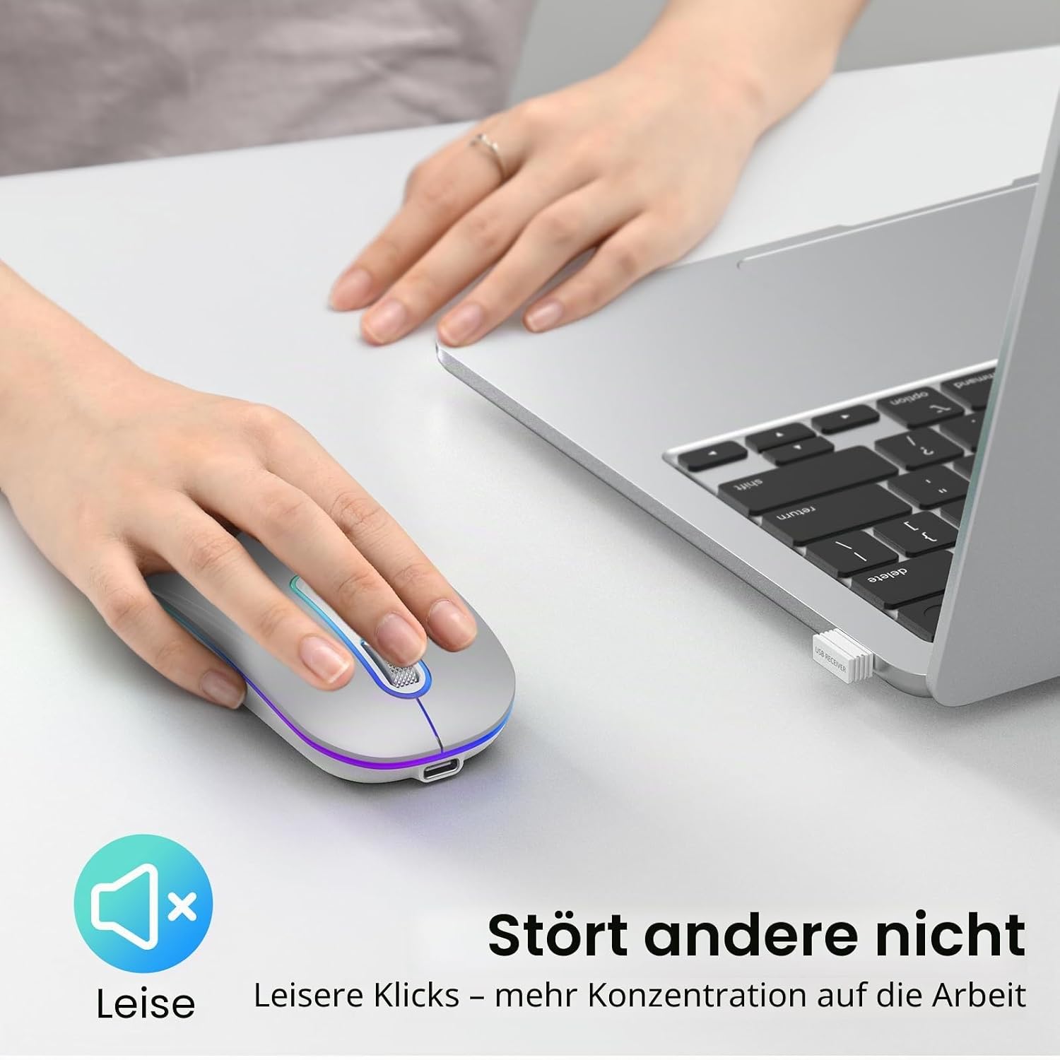Detalle de cimetech Dual-Mode Bluetooth 5.1 & 2,4 GHz optische Office-Funkmaus (wiederaufladbar) mit USB‑C Adapter