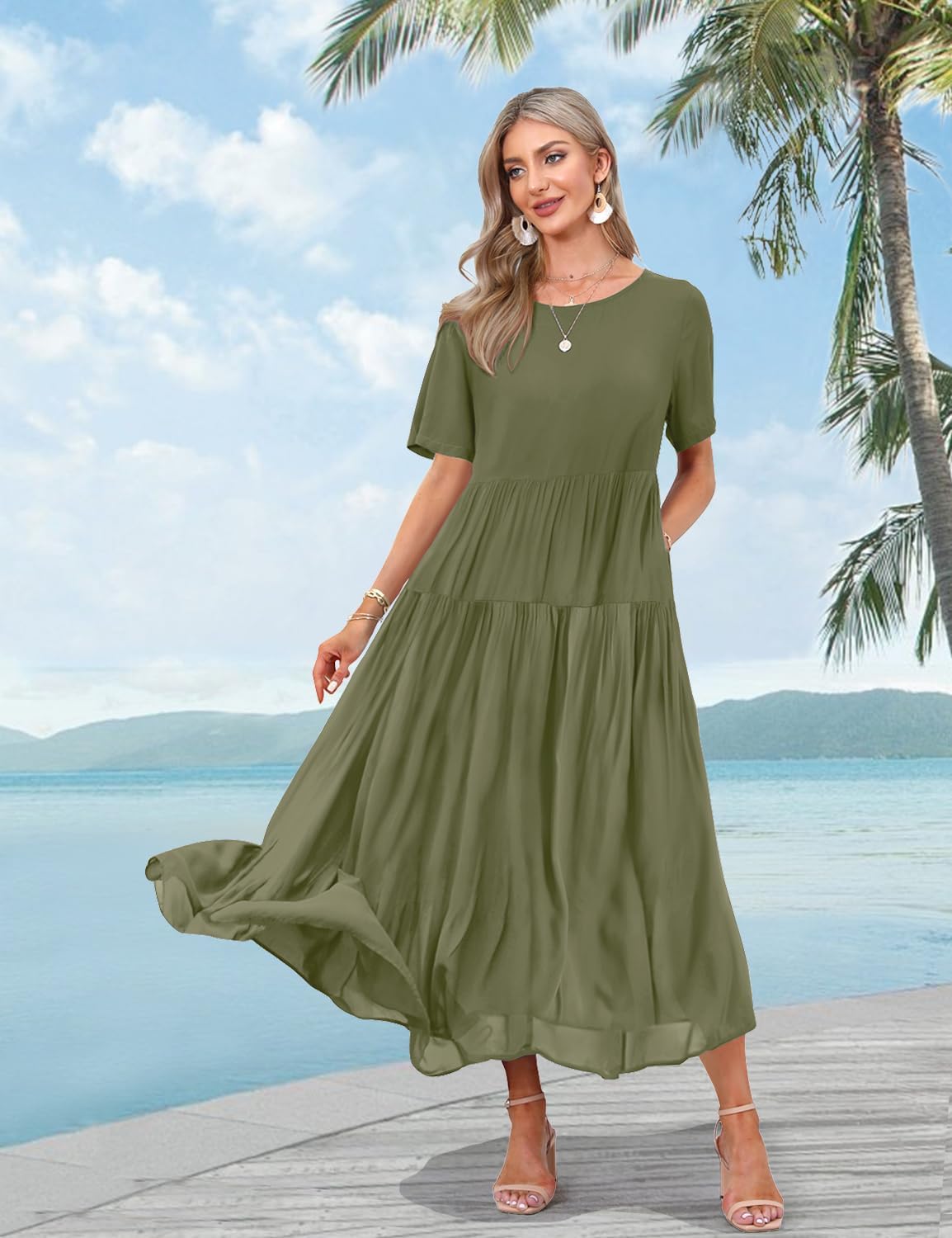 Detalle de YESNO Damen Kleid – Lose Sommermaxi aus 100% Baumwolle mit Blumenmuster, boho Stil