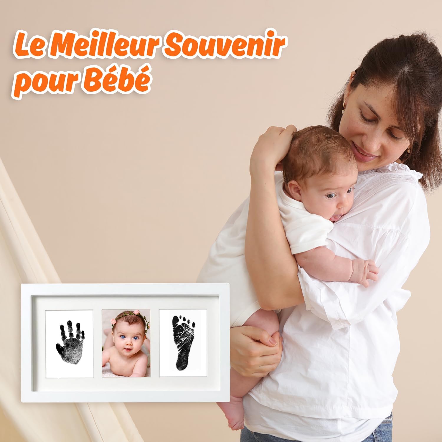 Detalle 2 de PewinGo Cadre d’Empreintes Bébé encre Clean Touch — Cadre élégant et tampon sûr pour nouveau-né (Blanc)