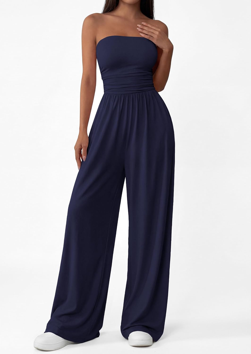 Detalle de PRETTYGARDEN Womens Trendy Strapless Rompers: Ruched Tube Top Wide Leg Jumpsuit
