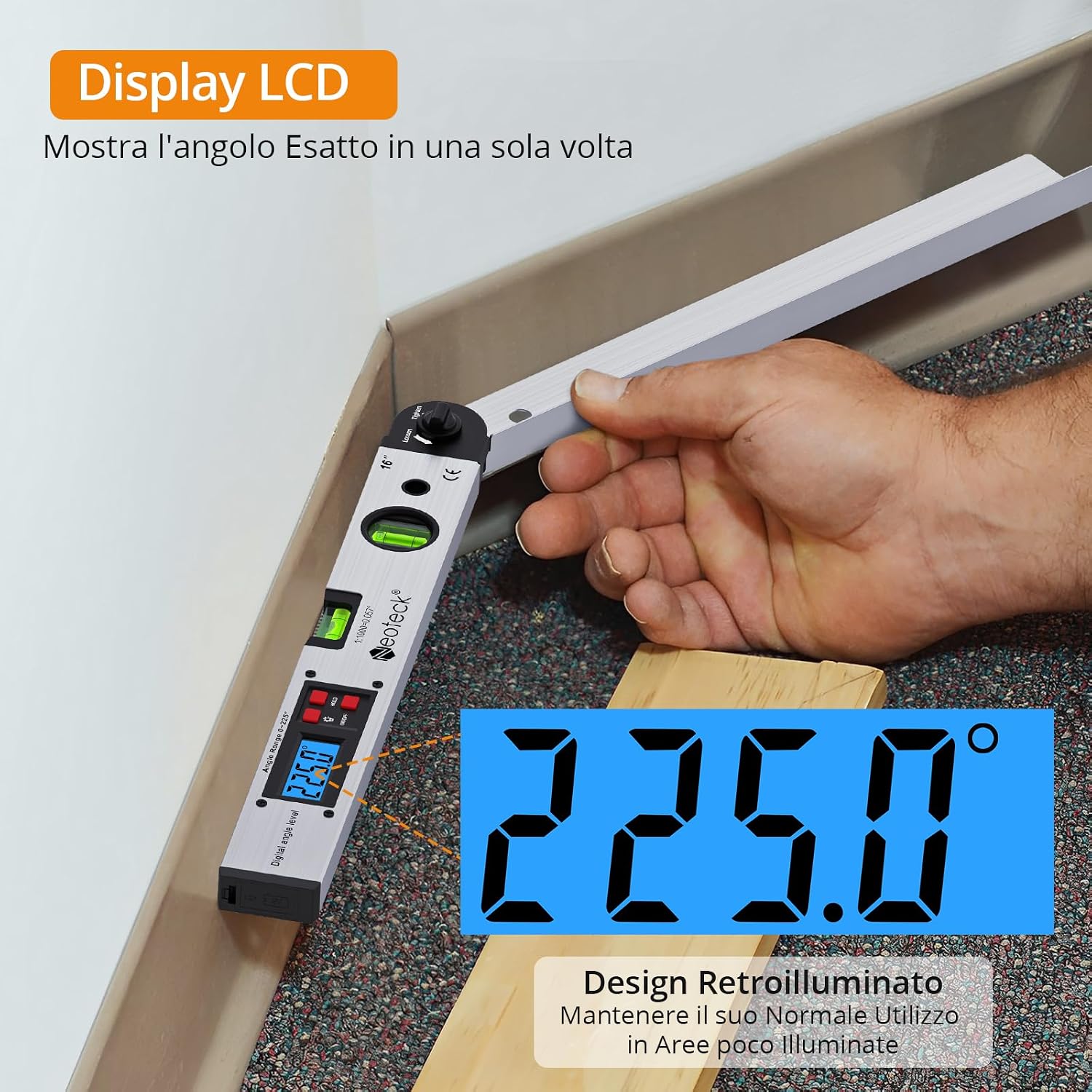 Detalle de Neoteck Angle Finder Digitale 0–225°: righello angolare con LCD retroilluminato