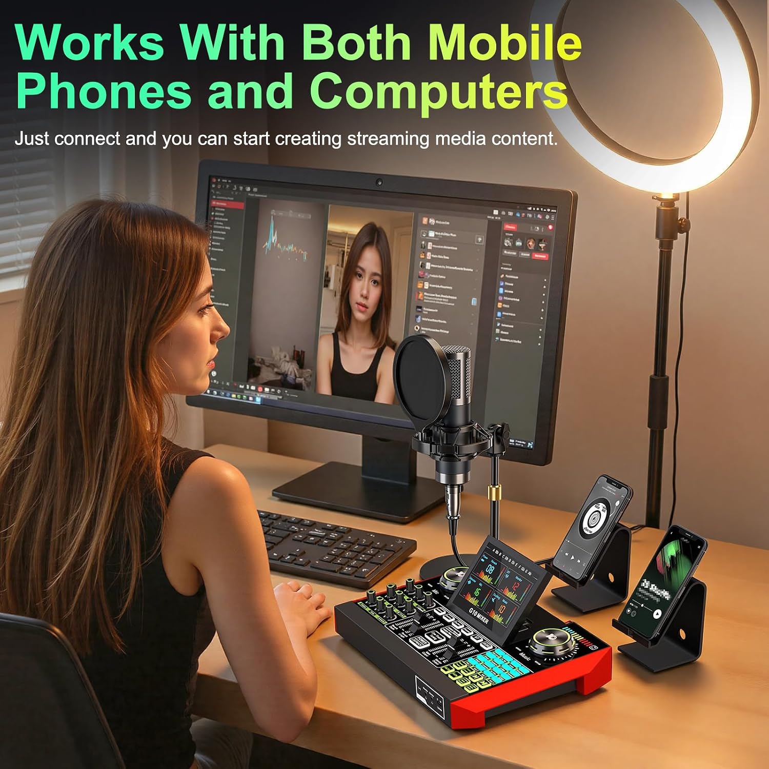 Detalle de Kinetheon G10-P15B Podcast Mixer and Microphone Bundle with Voice Effects