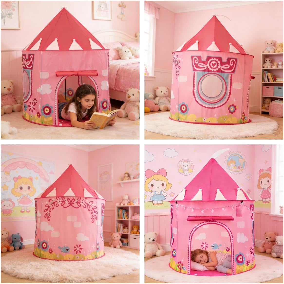 Thumbnail 6 de ROIWUIE YQB-02 Princess Castle Play Tent with Star Lights, Foldable Pink Design