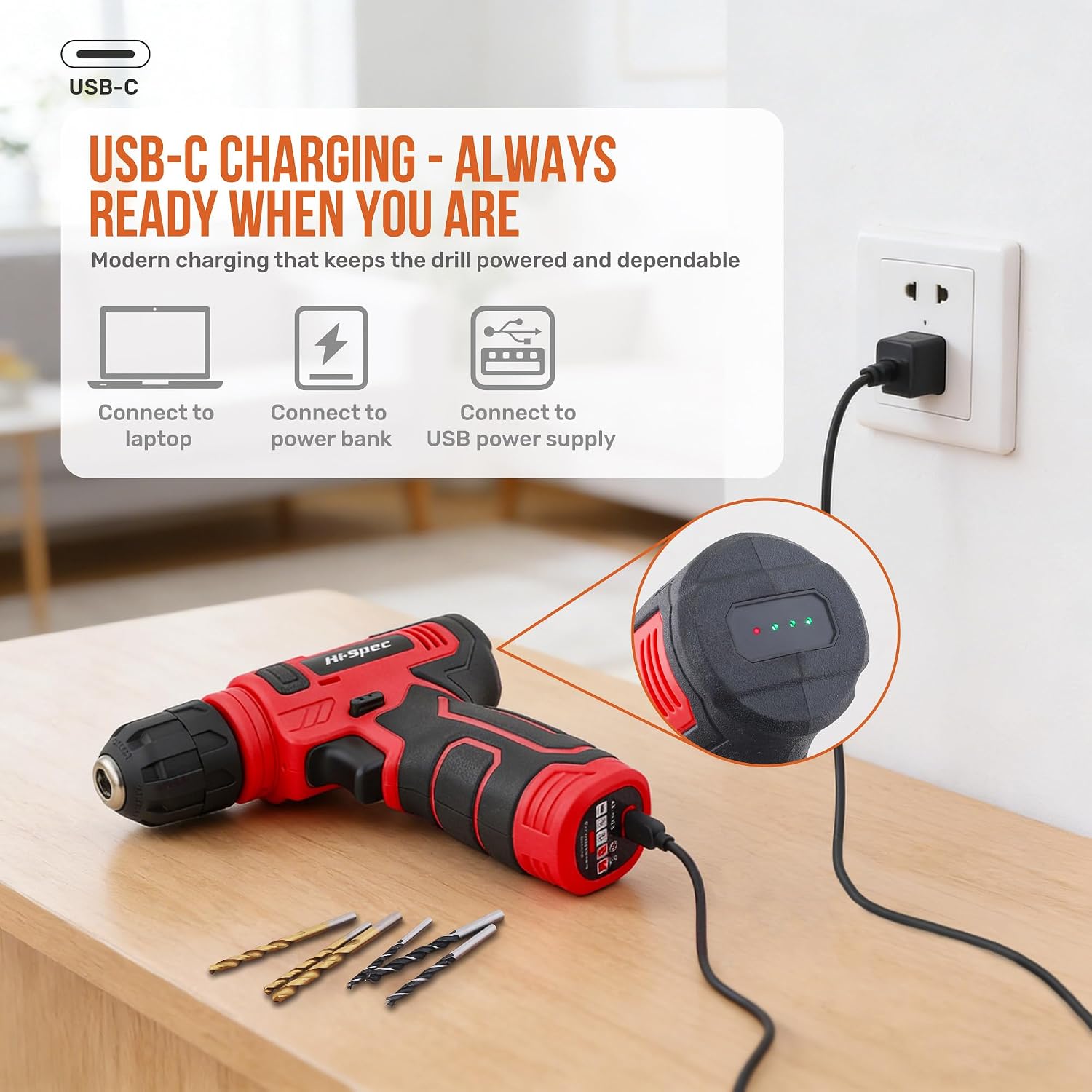 Thumbnail 4 de Hi-Spec DT30558E-DE 8V Cordless Drill and Home Tool Set, USB Rechargeable