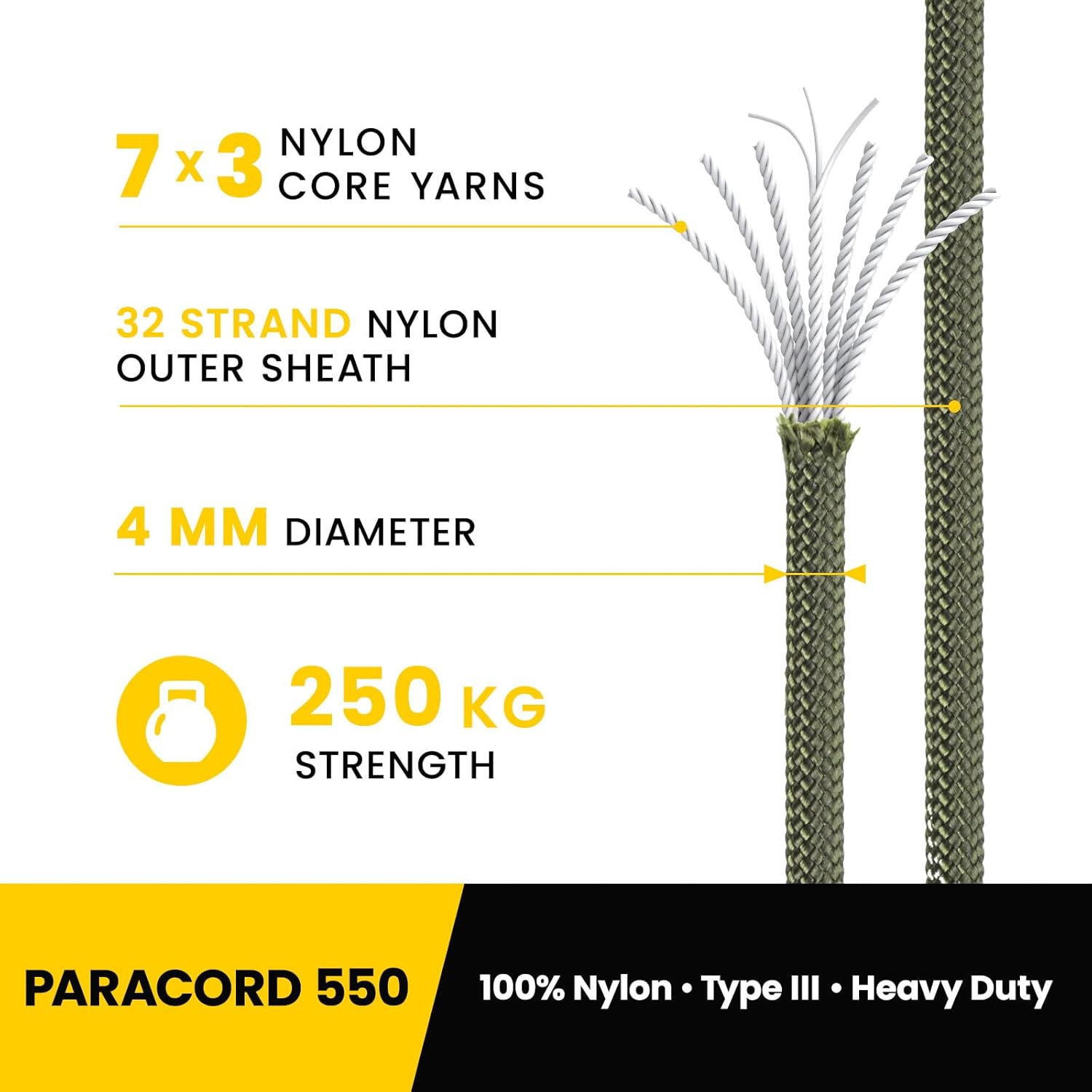 Detalle de Kamu Synber 550 Paracord 4mm, 10m Typ III – 7 Stränge Nylon Fallschirmschnur, Tragkraft 250 kg (Coyote-Braun)
