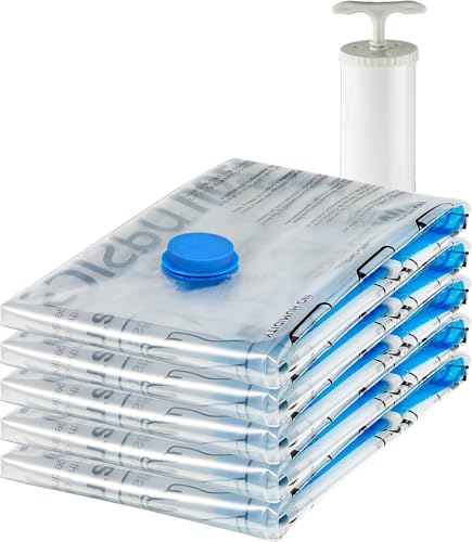 Detalle de Amazon Basics Vacuum Compression Zipper Storage Bags with Airtight Valve and Hand Pump – Large (5-Pack)
