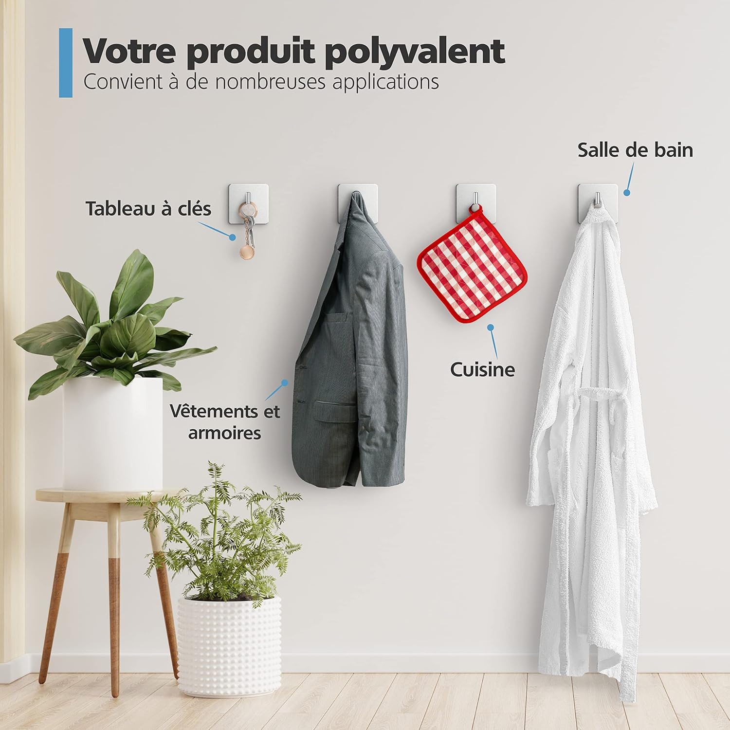 Detalle de VIREA lot de 4 crochets muraux auto-adhésifs en acier inoxydable (sans perçage), forte adhérence jusqu’à 8 kg par crochet