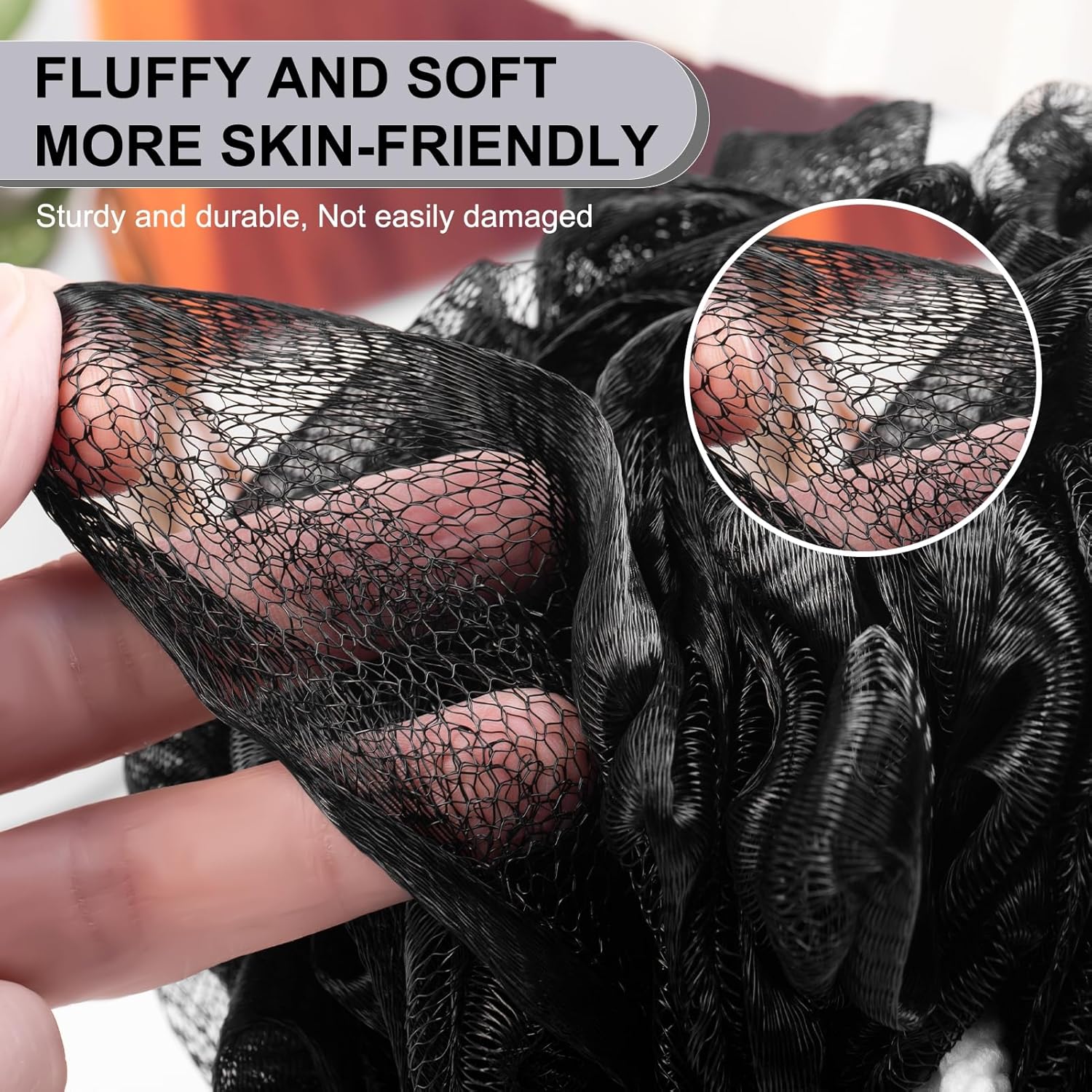 Detalle de MTDLYICE XXL Loofah Sponge XXL-100g, Soft Mesh Shower Puff (Black) — 4-Pack